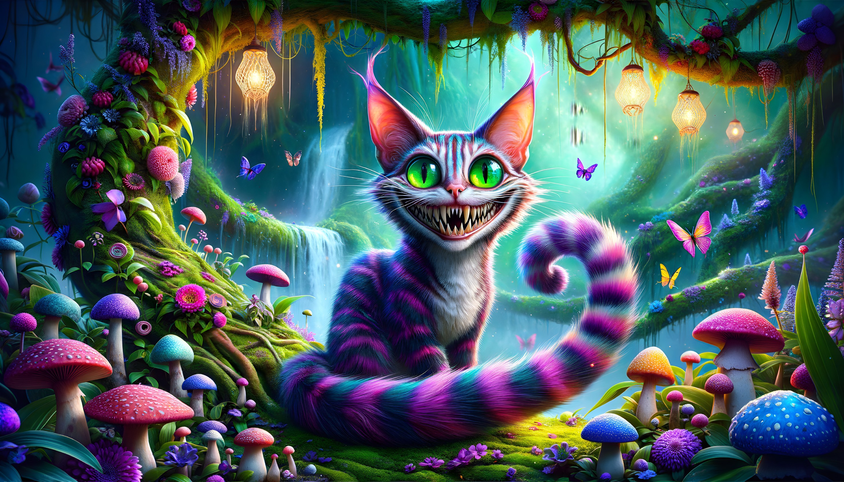 Whimsical Cat in Enchanted Forest with Colorful Elements
