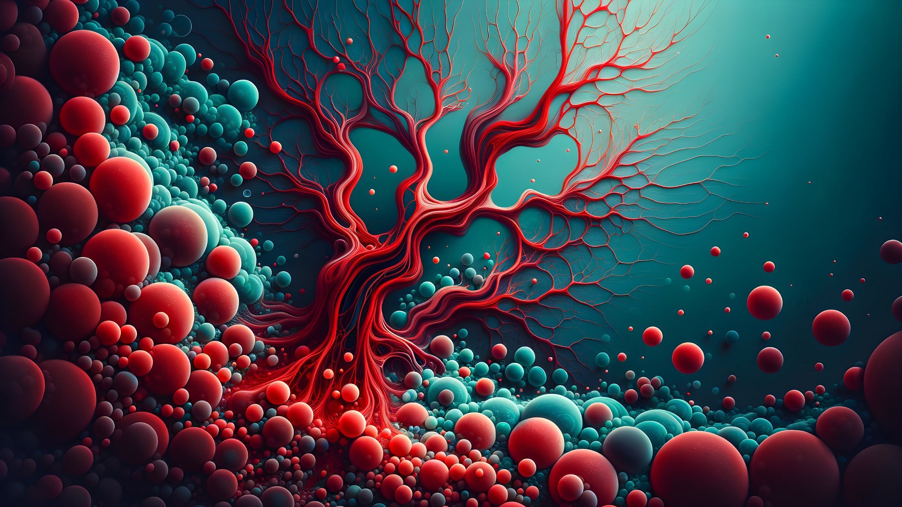 Abstract Tree with Red Branches and Teal Background