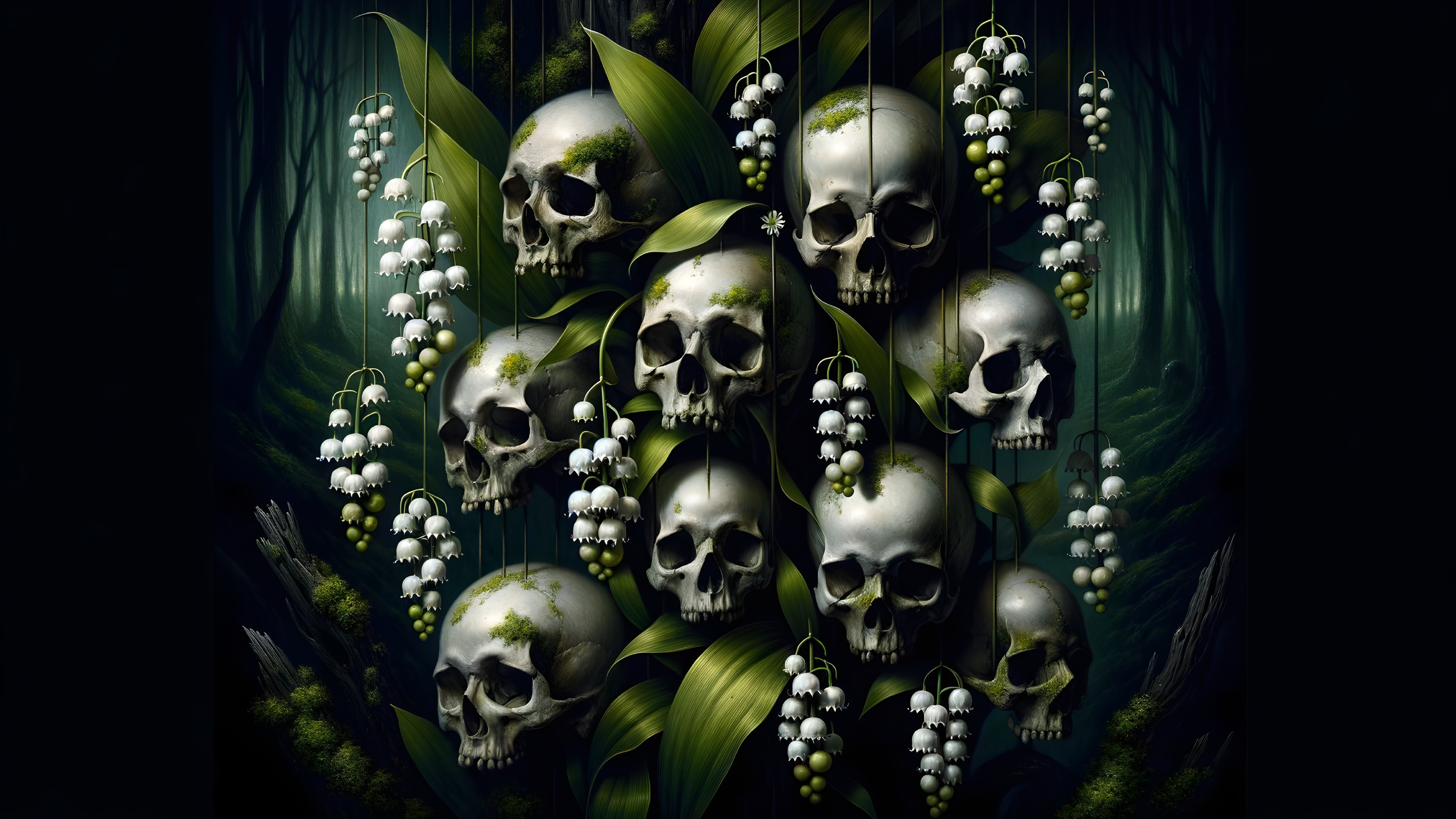 Skulls Surrounded by Green Leaves and White Flowers