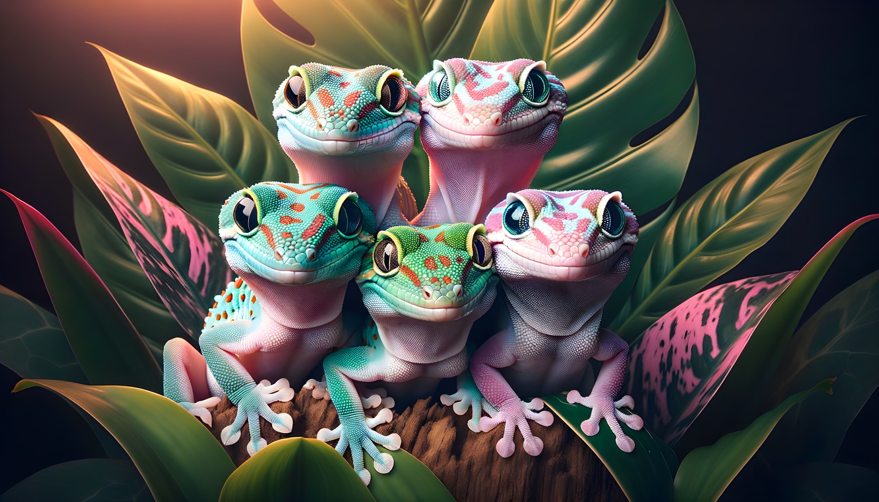 Colorful Geckos on Mossy Rock in Tropical Setting