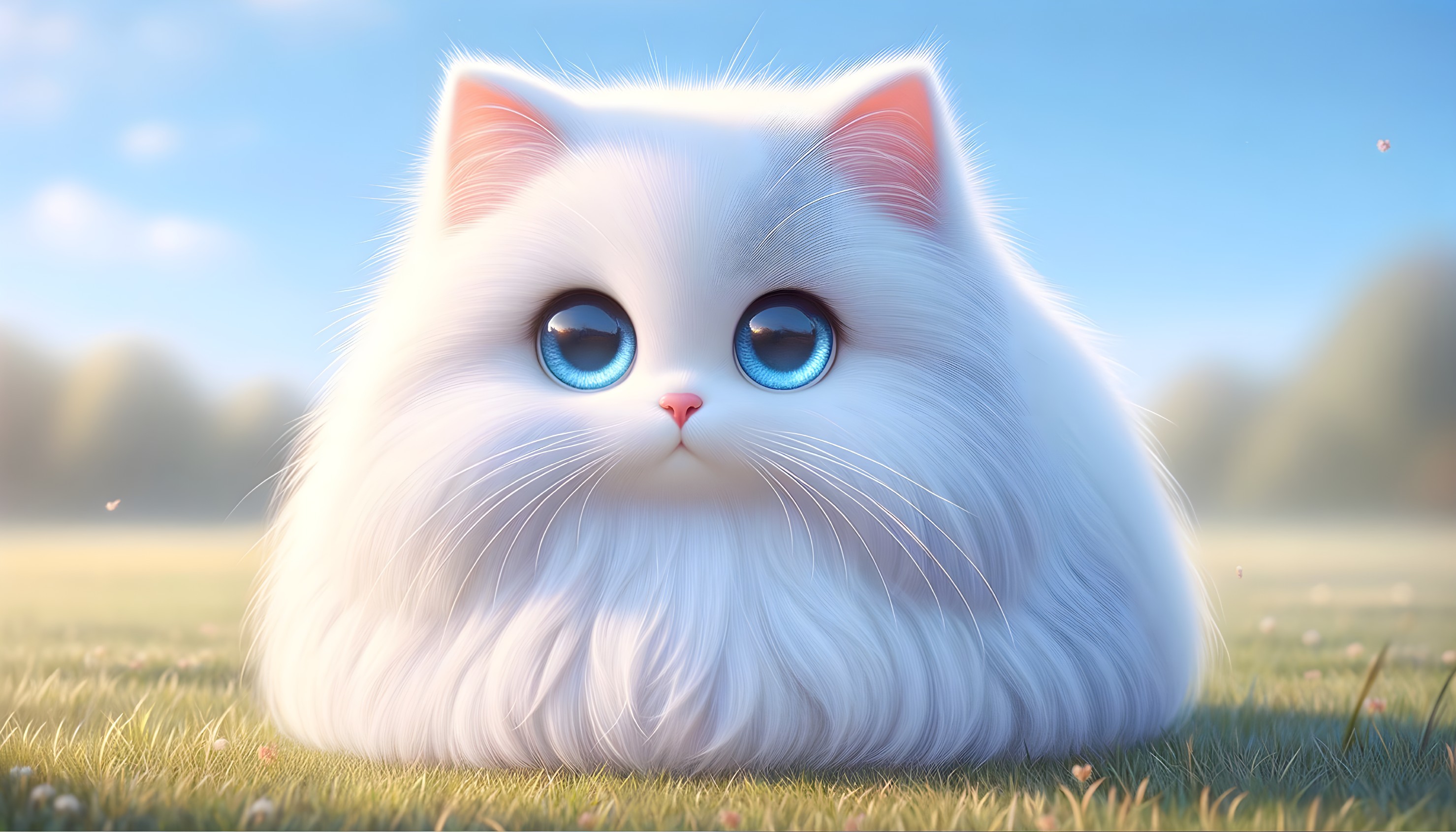 Fluffy White Cat in a Sunlit Meadow Landscape