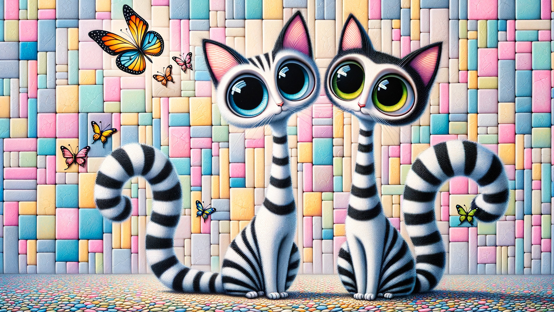 Whimsical Cats with Expressive Eyes and Butterflies