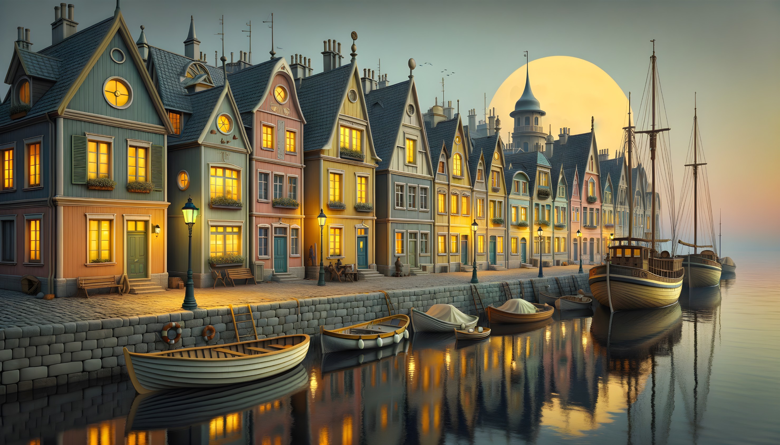 Charming Waterfront Scene with Colorful Houses and Moon