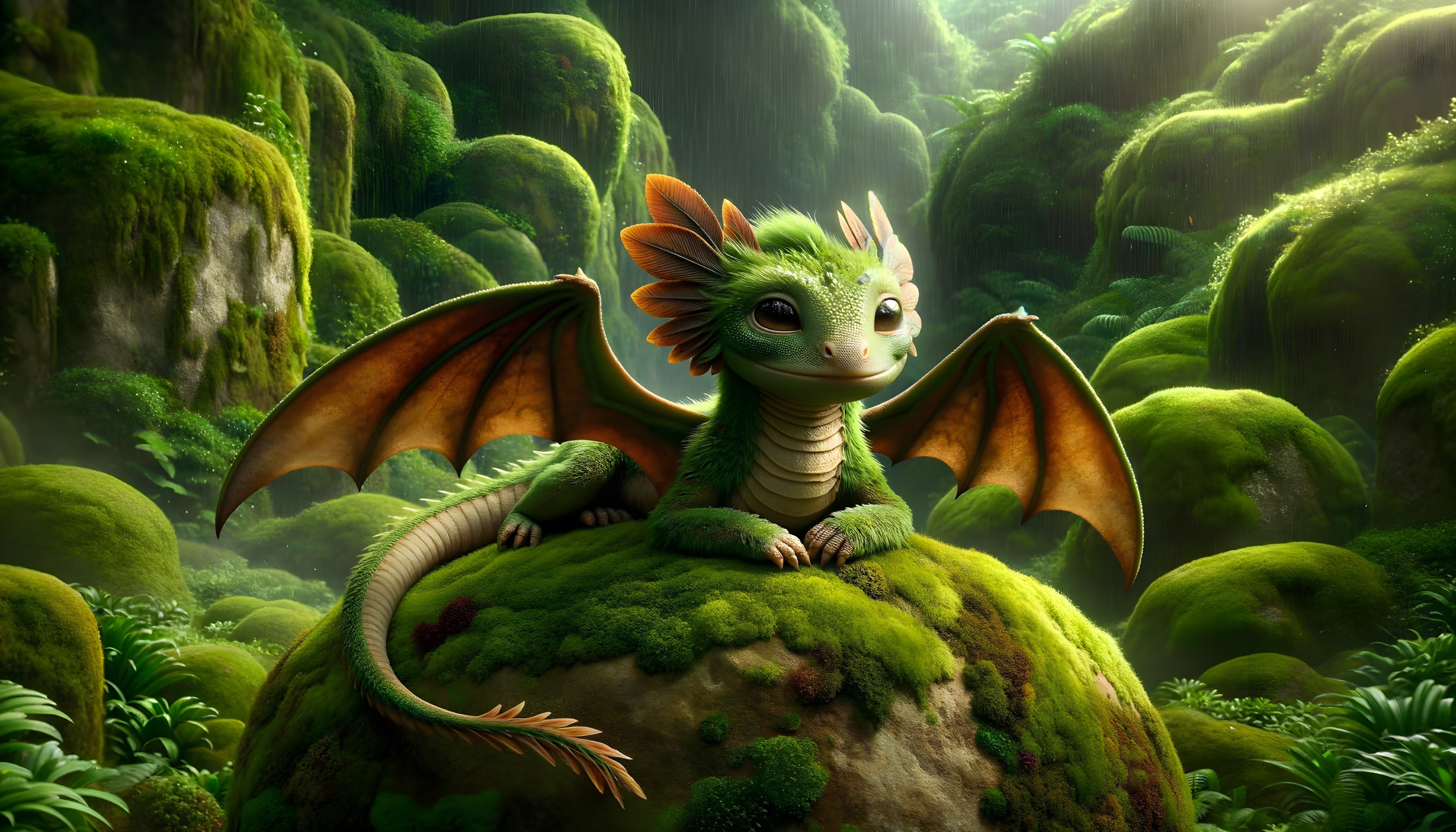 Small green dragon on mossy rock in vibrant forest