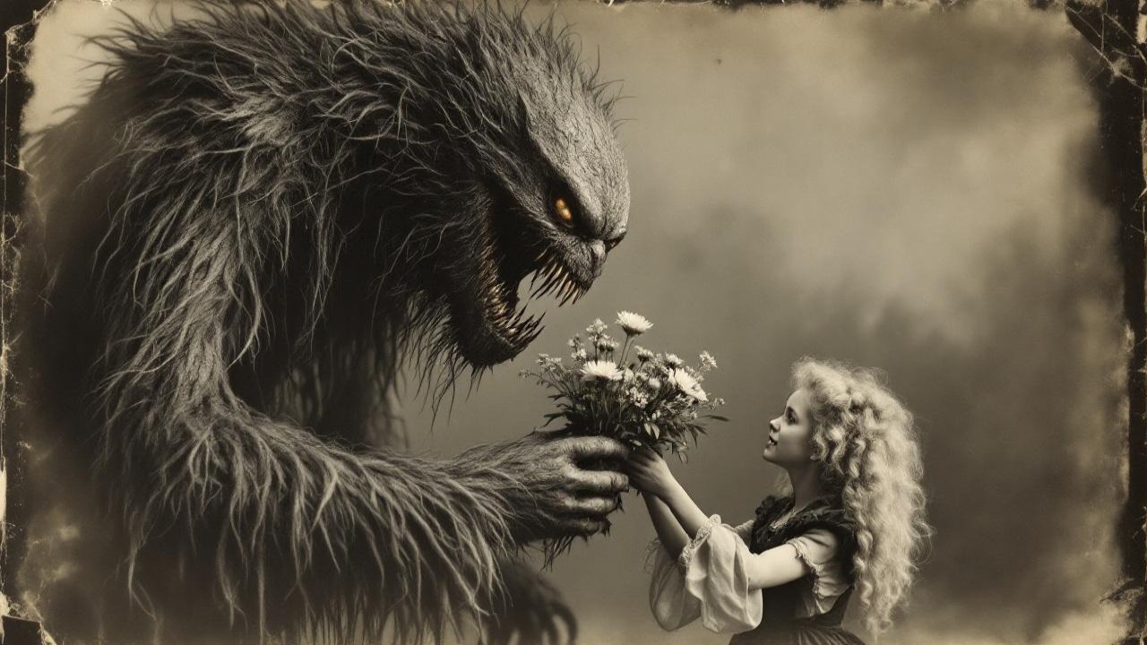 Surreal Scene of Creature and Girl with Flowers