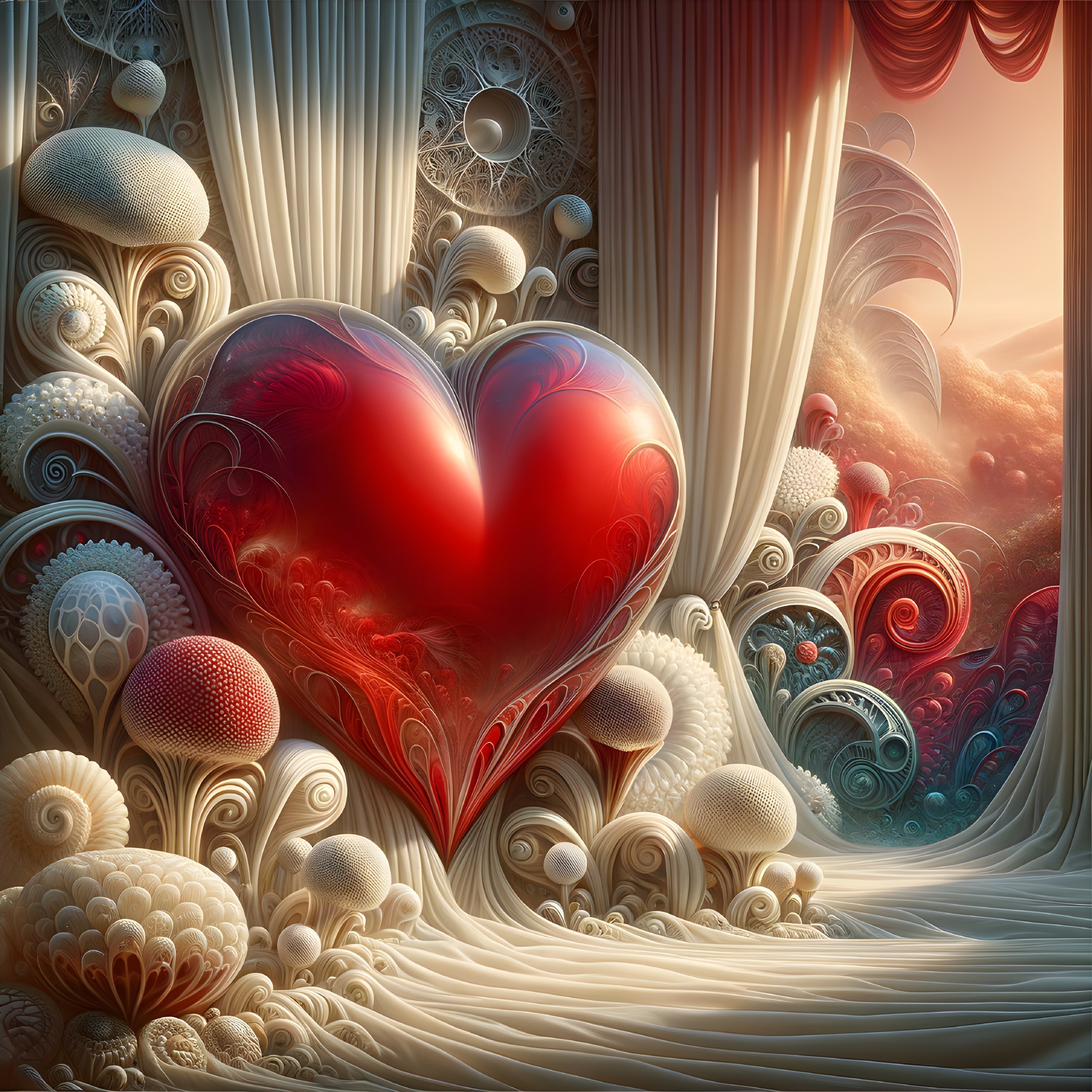 Surreal Scene with Red Heart and Whimsical Mushrooms