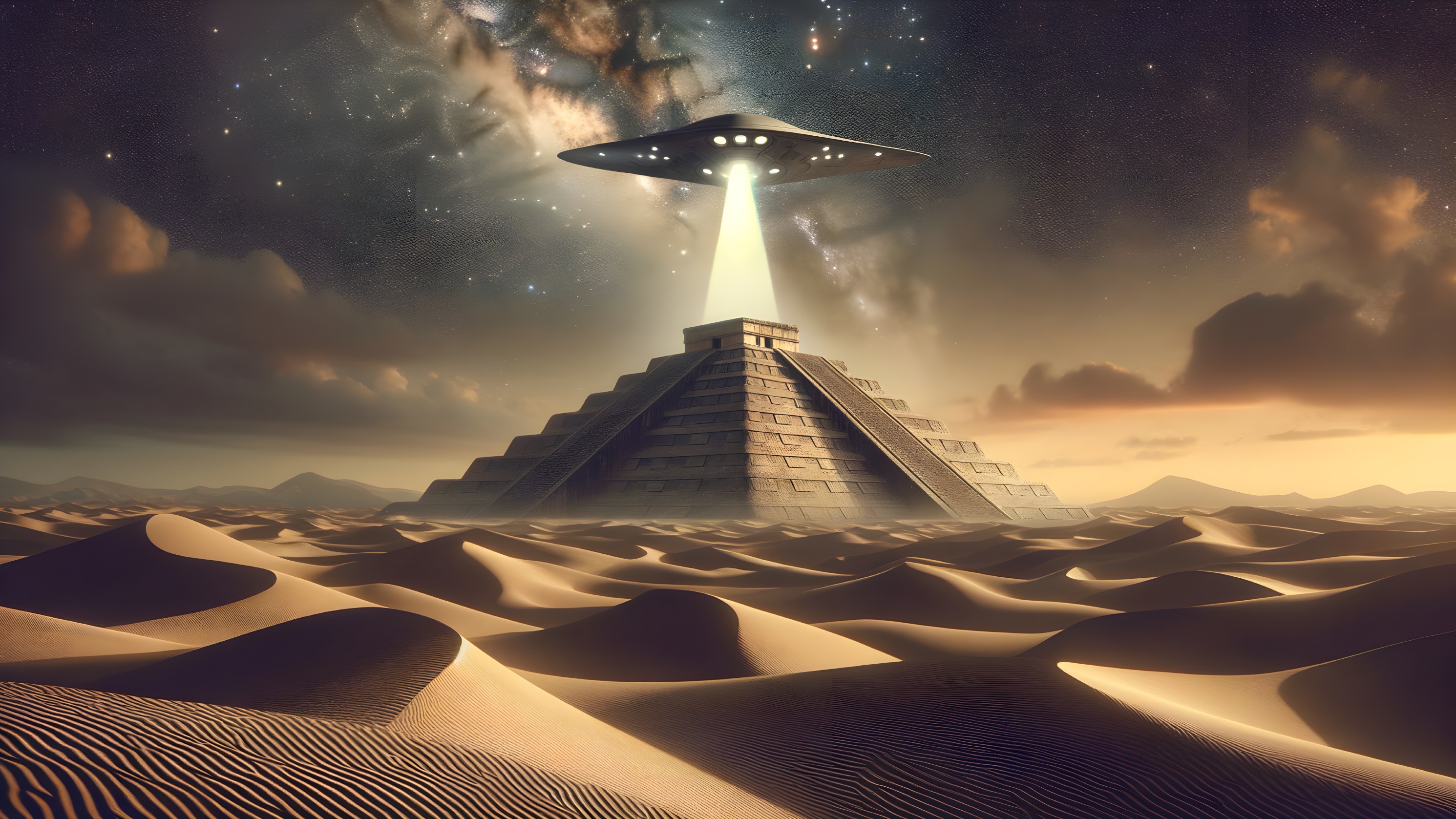 Pyramid and UFO in a Starry Desert Landscape