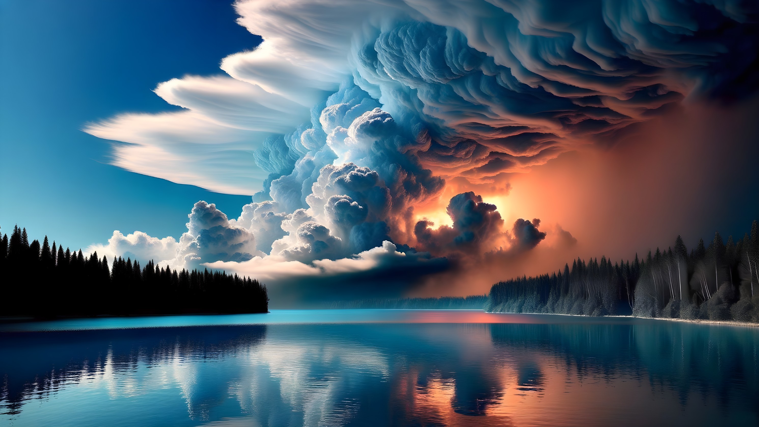 Serene Lake Landscape with Dramatic Sunset Reflections