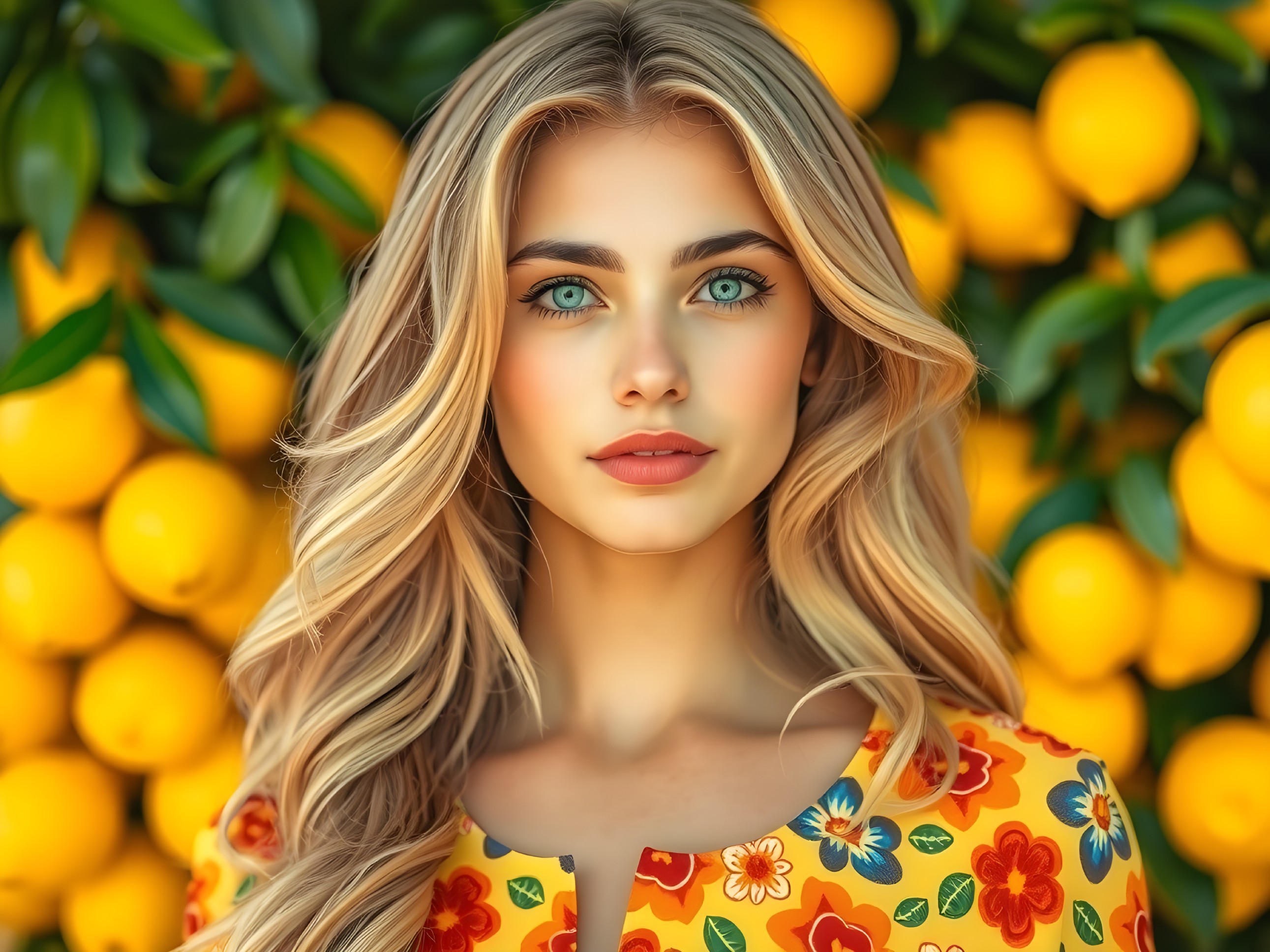 Young Woman with Blue Eyes and Floral Dress Amid Lemons