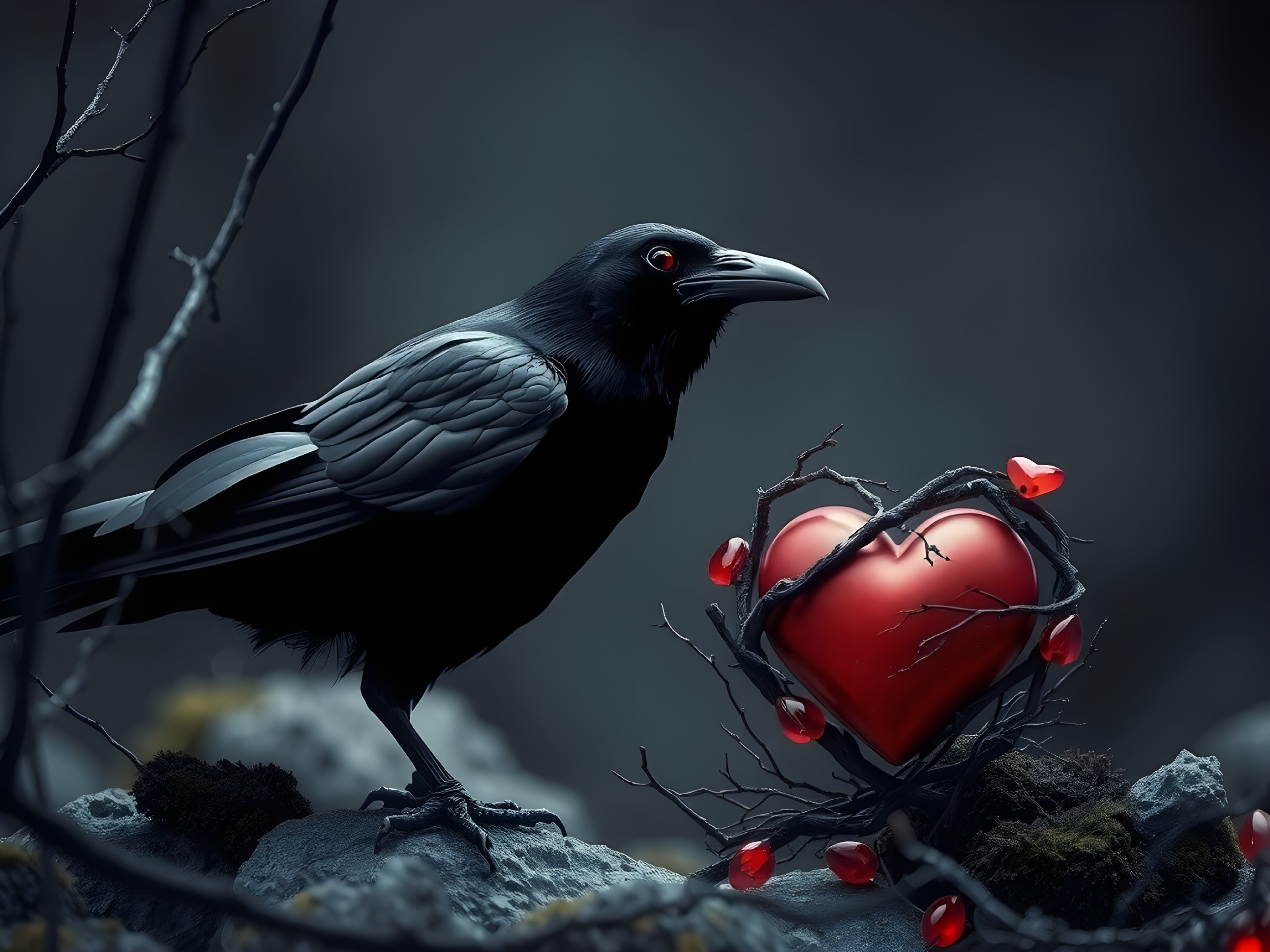 Raven and Heart Surrounded by Thorny Branches