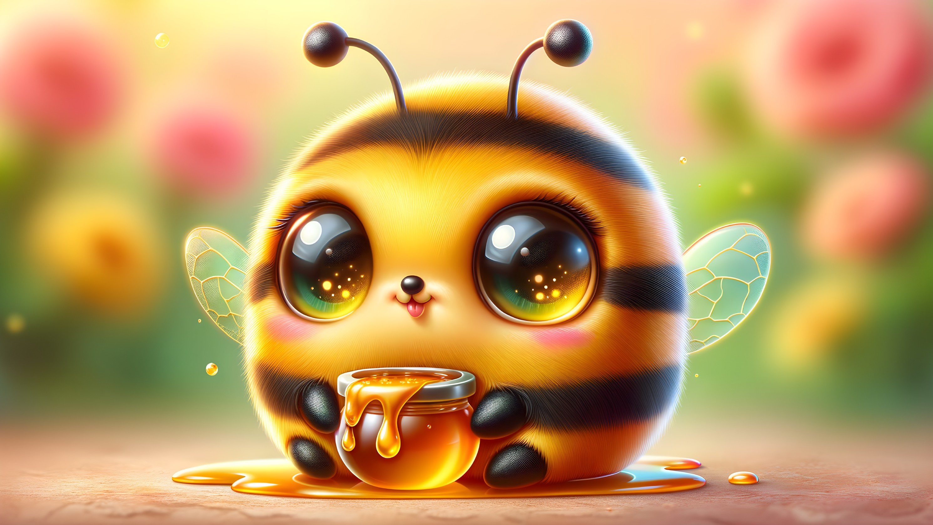 Cute Bee with Honey Jar and Colorful Flowers