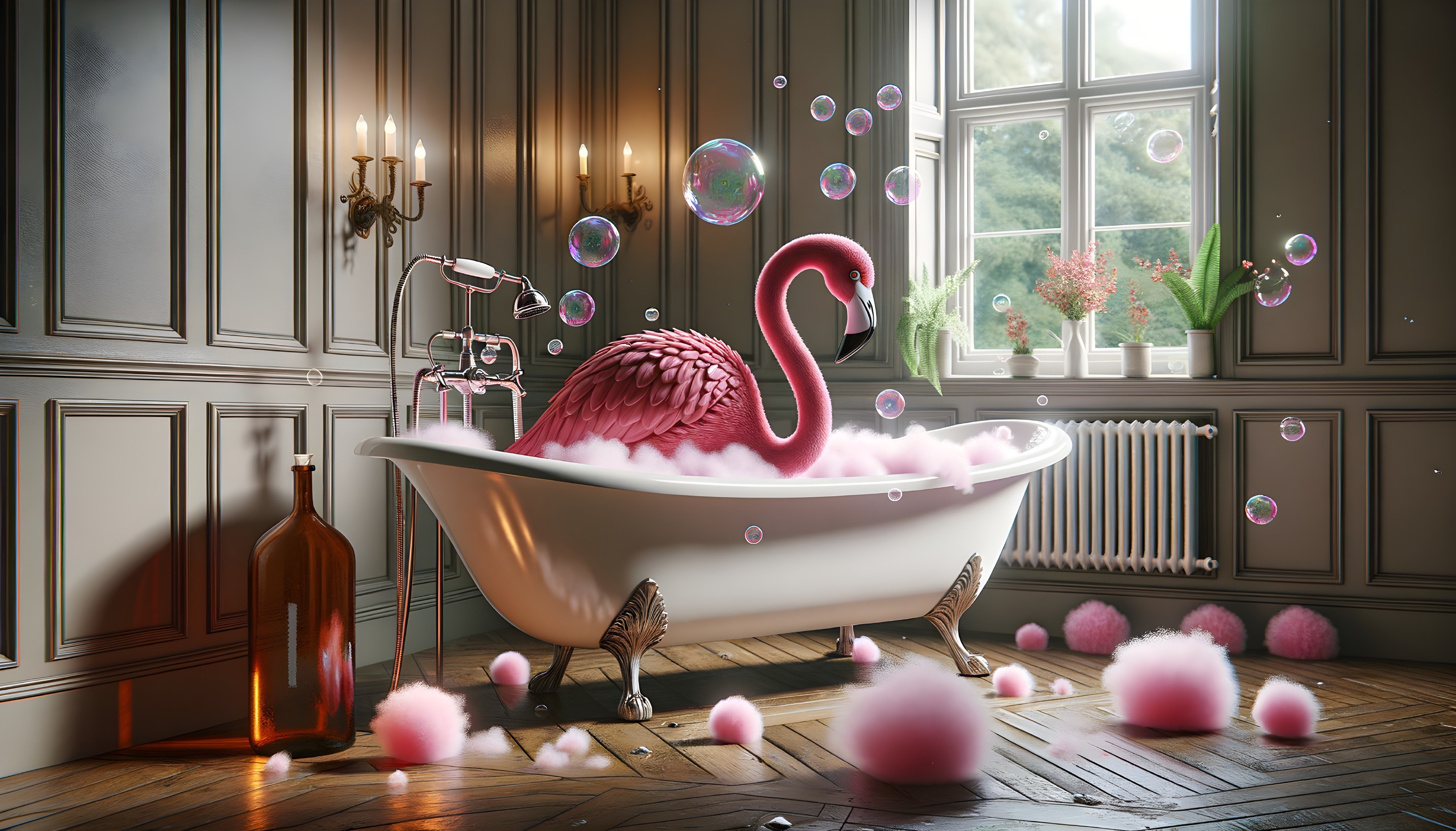 Vintage Bathroom with Flamingo and Fluffy Clouds