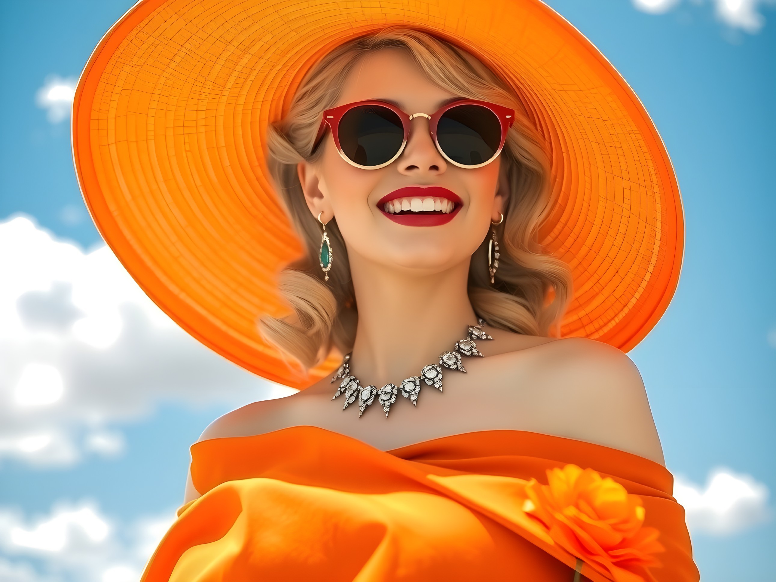Cheerful woman in orange sunhat and dress against sky