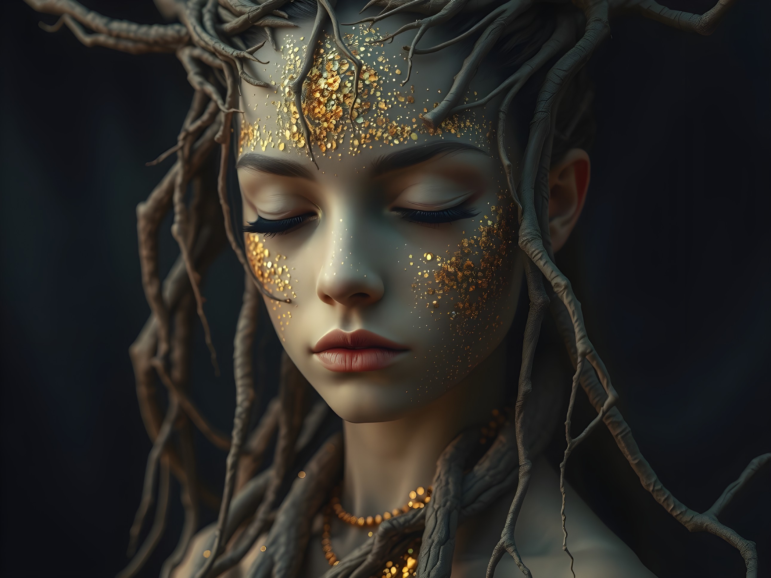 Serene female figure with roots in hair and gold specks