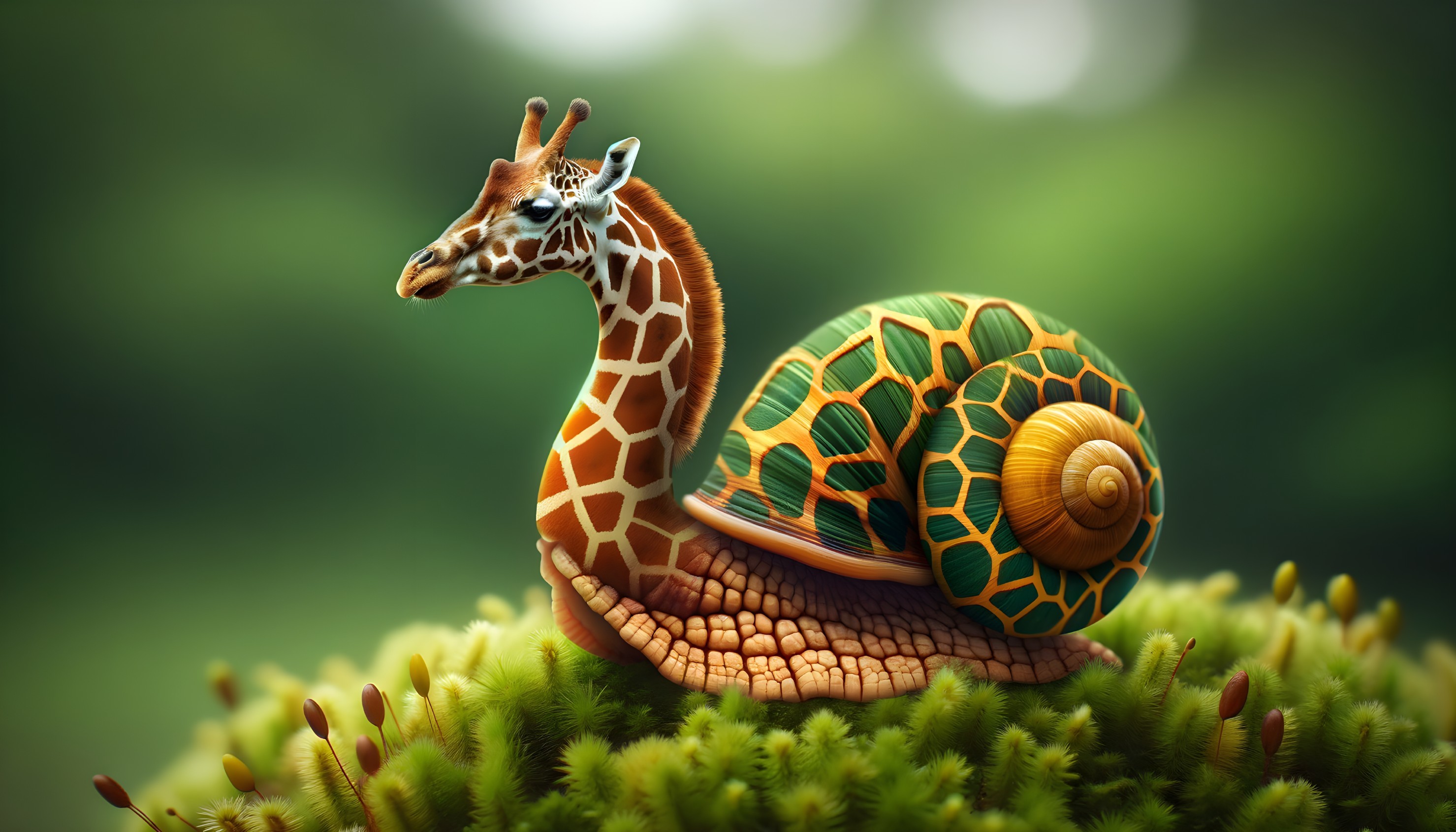 Whimsical Giraffe-Snail Creature with Spiraled Shell