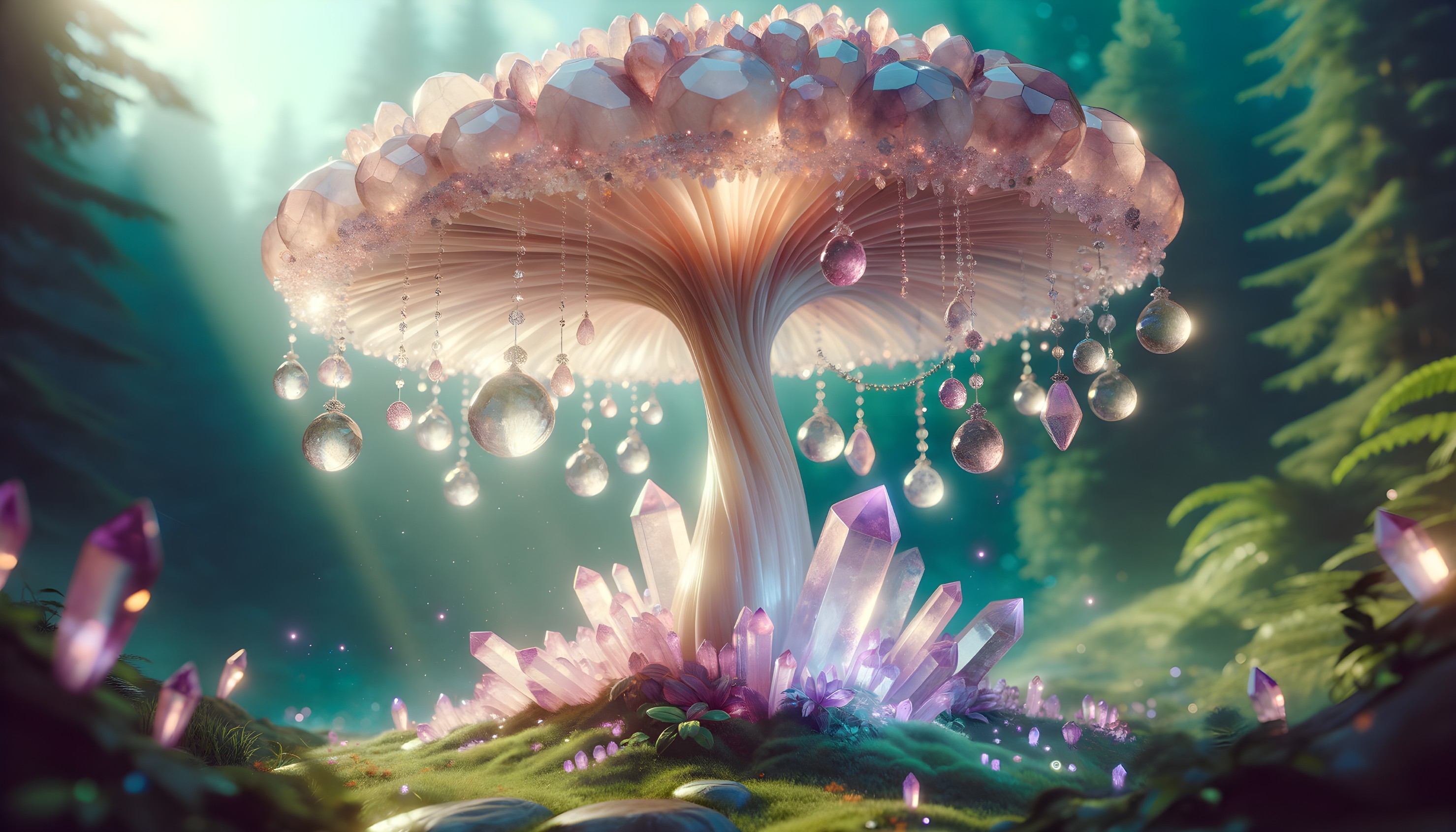 Vibrant Iridescent Mushroom in Enchanted Forest