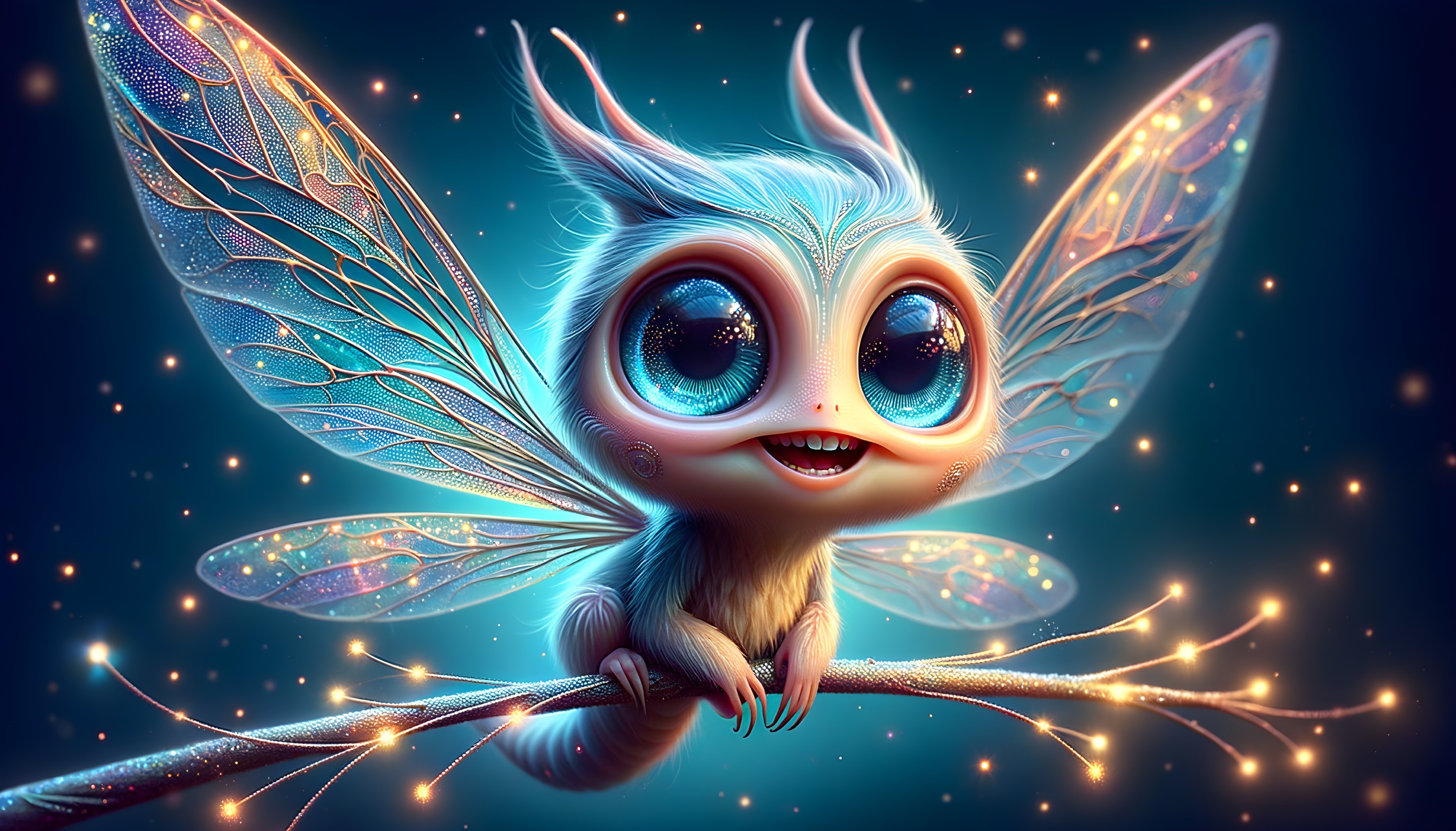 Whimsical creature with iridescent wings on branch