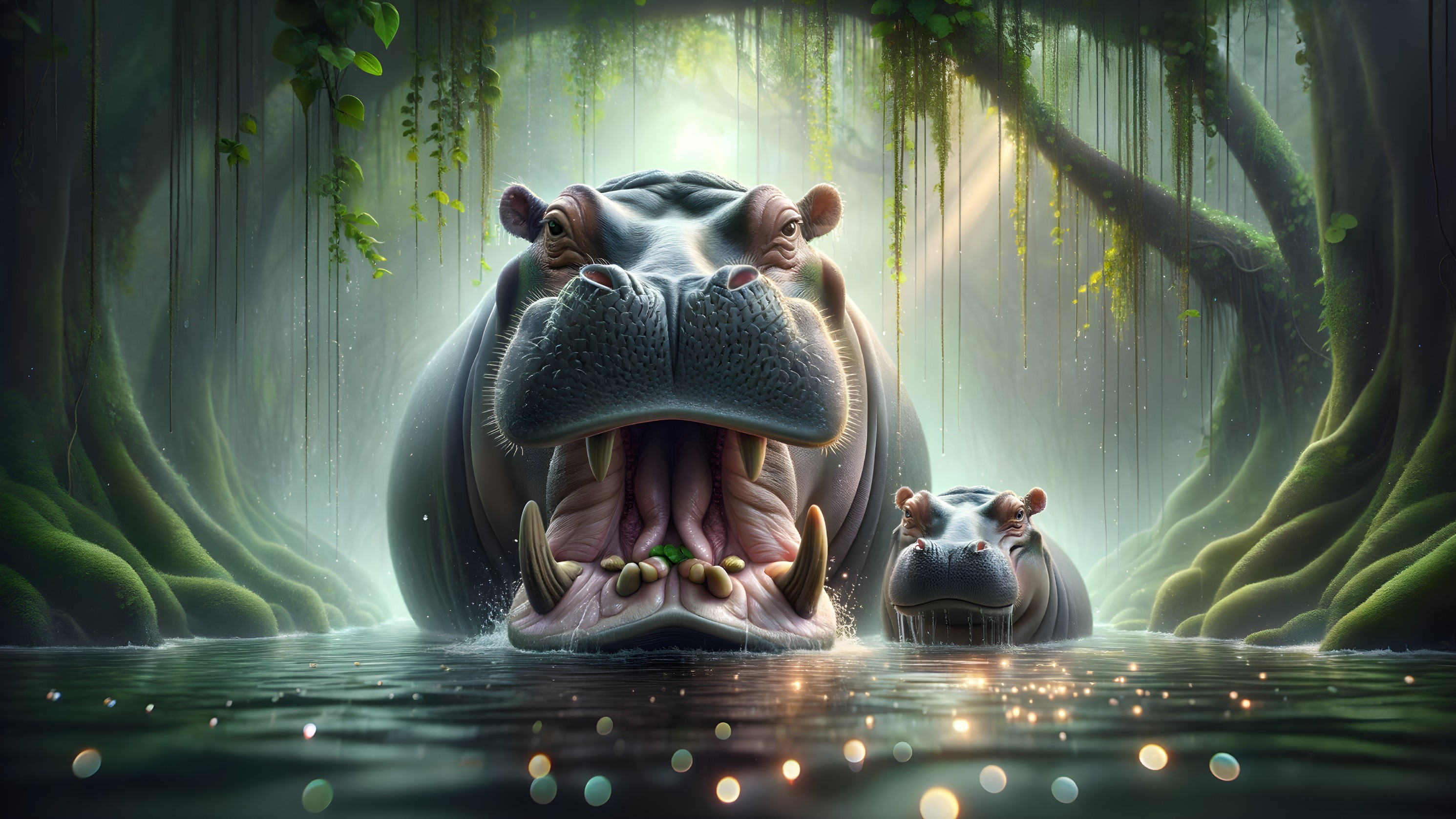 Hippos in a Misty Jungle Waterway Scene