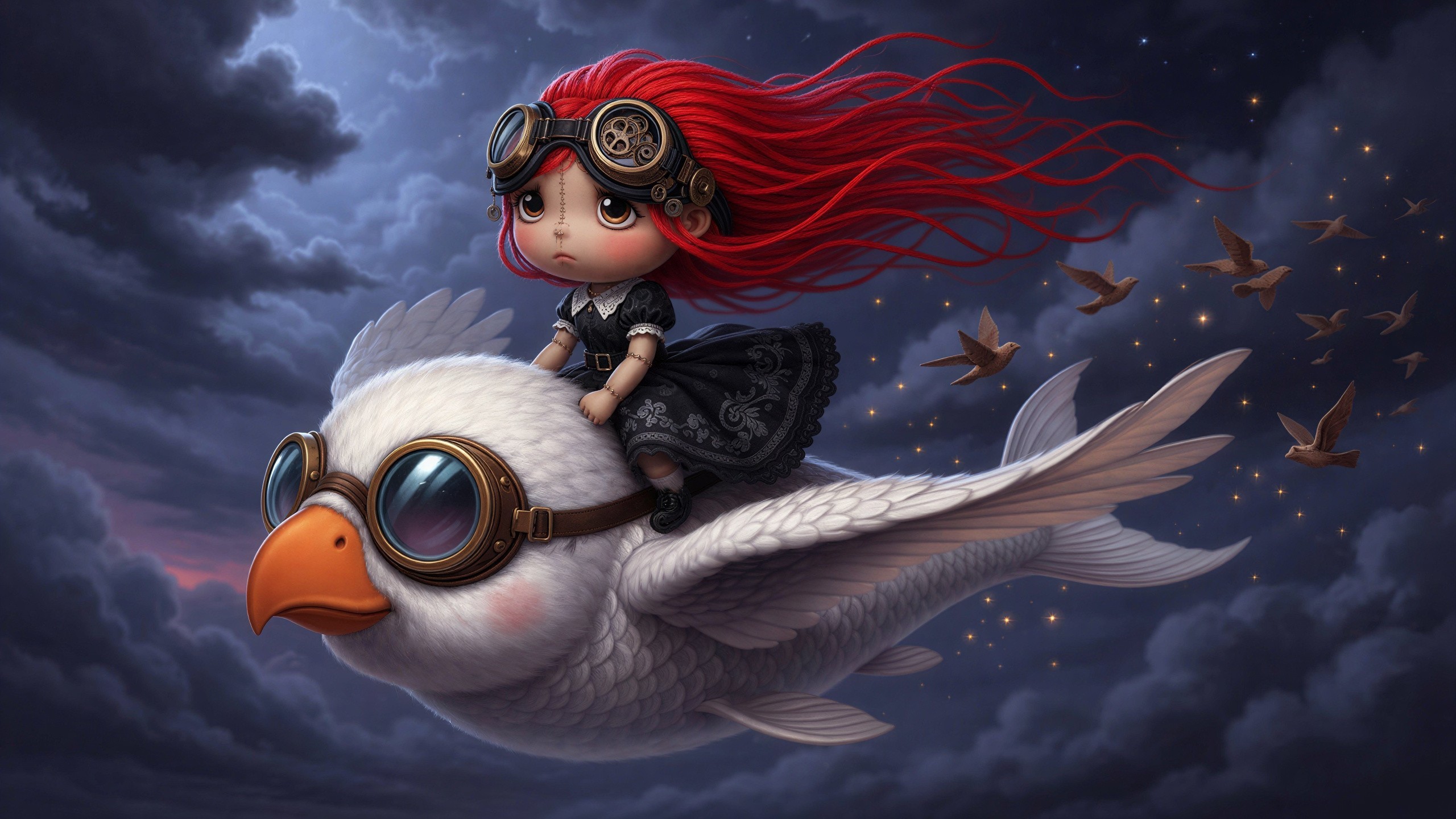 Steampunk Chibi Doll on Giant Bird in Night Sky