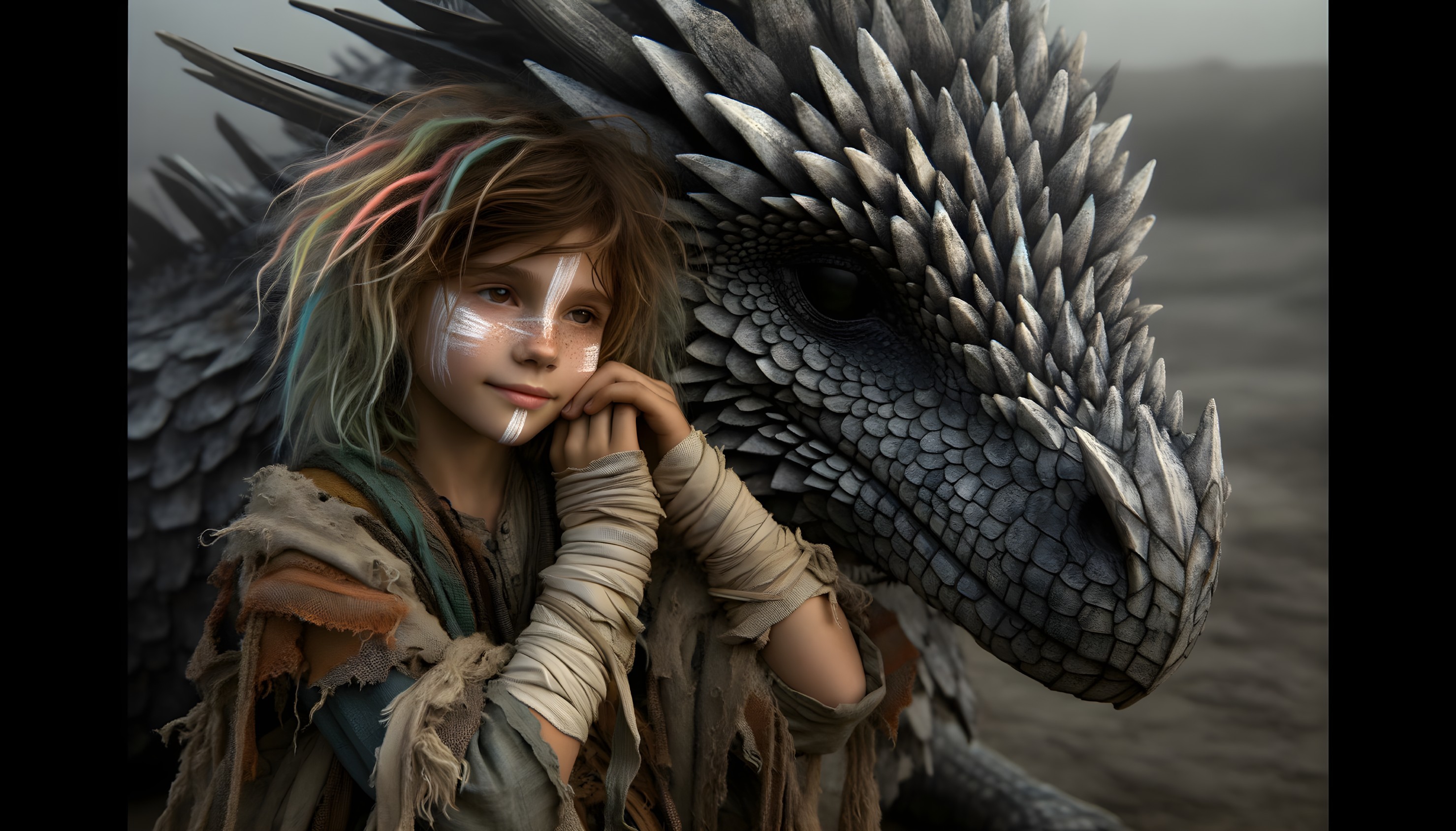Child with Tribal Markings and Dragon in Misty Landscape