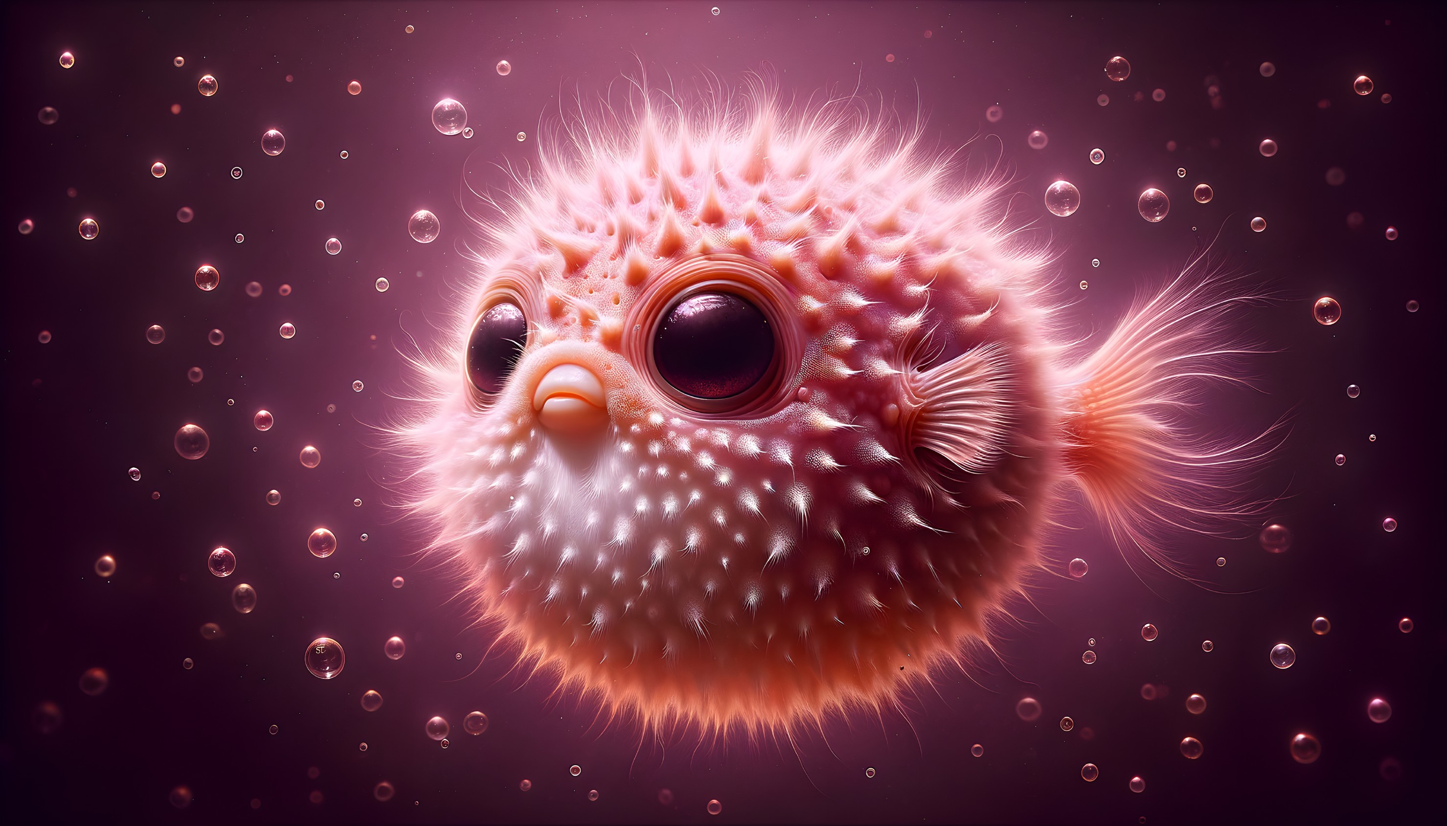 Cartoon Fish in Pink Underwater Scene with Bubbles