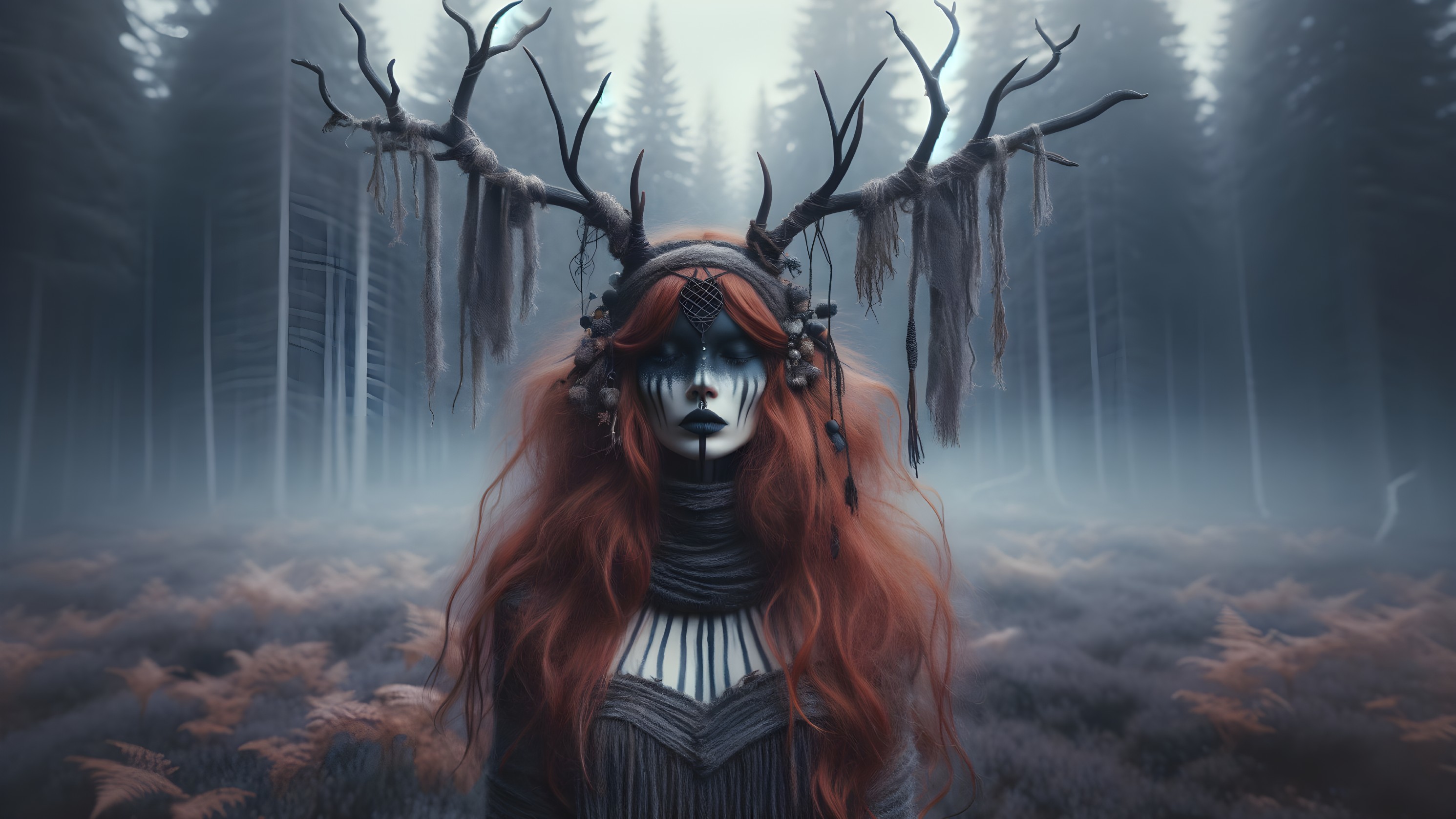 Misty Forest Scene with Figure and Ethereal Atmosphere