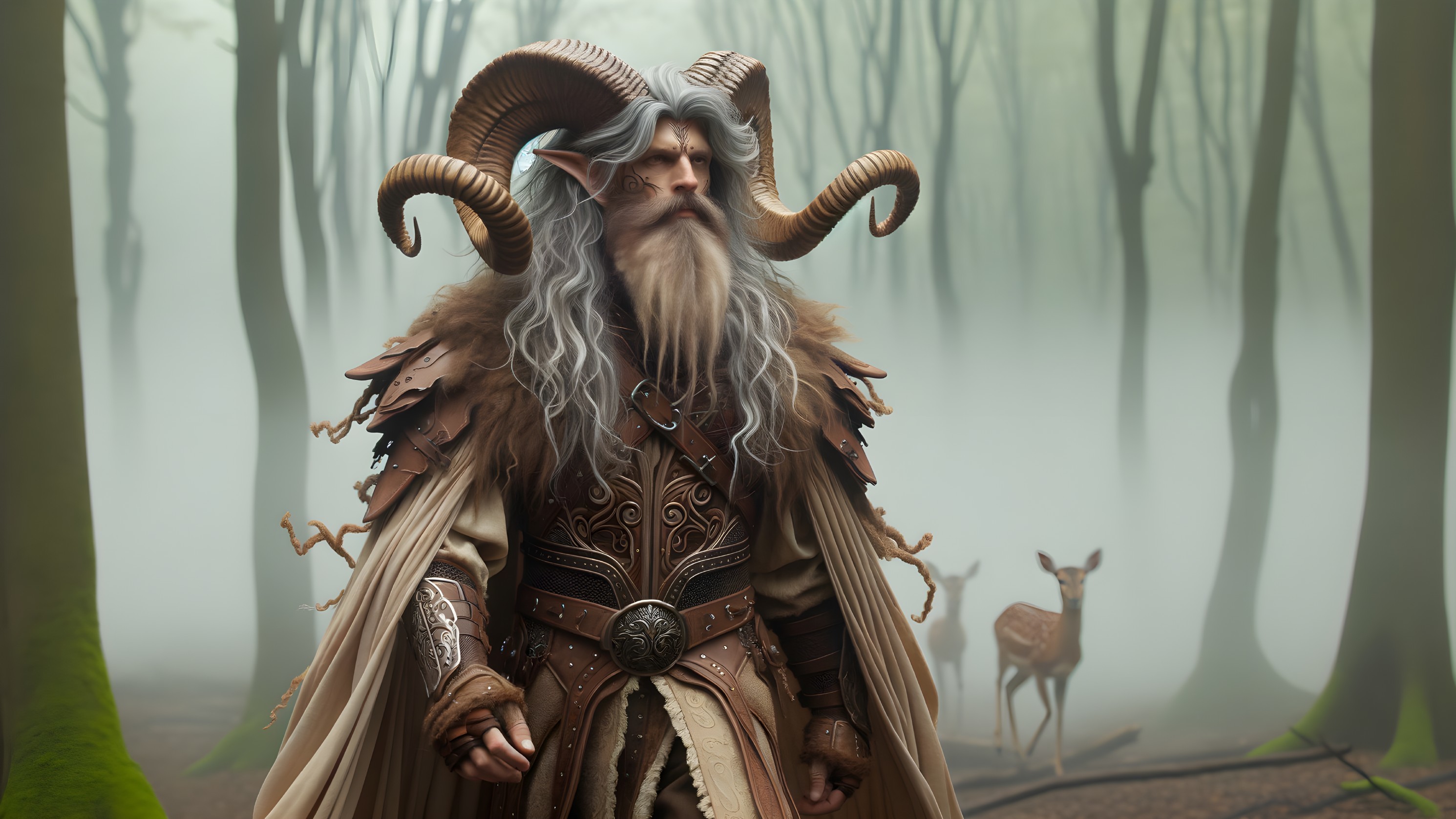 Majestic figure in a mystical foggy forest setting