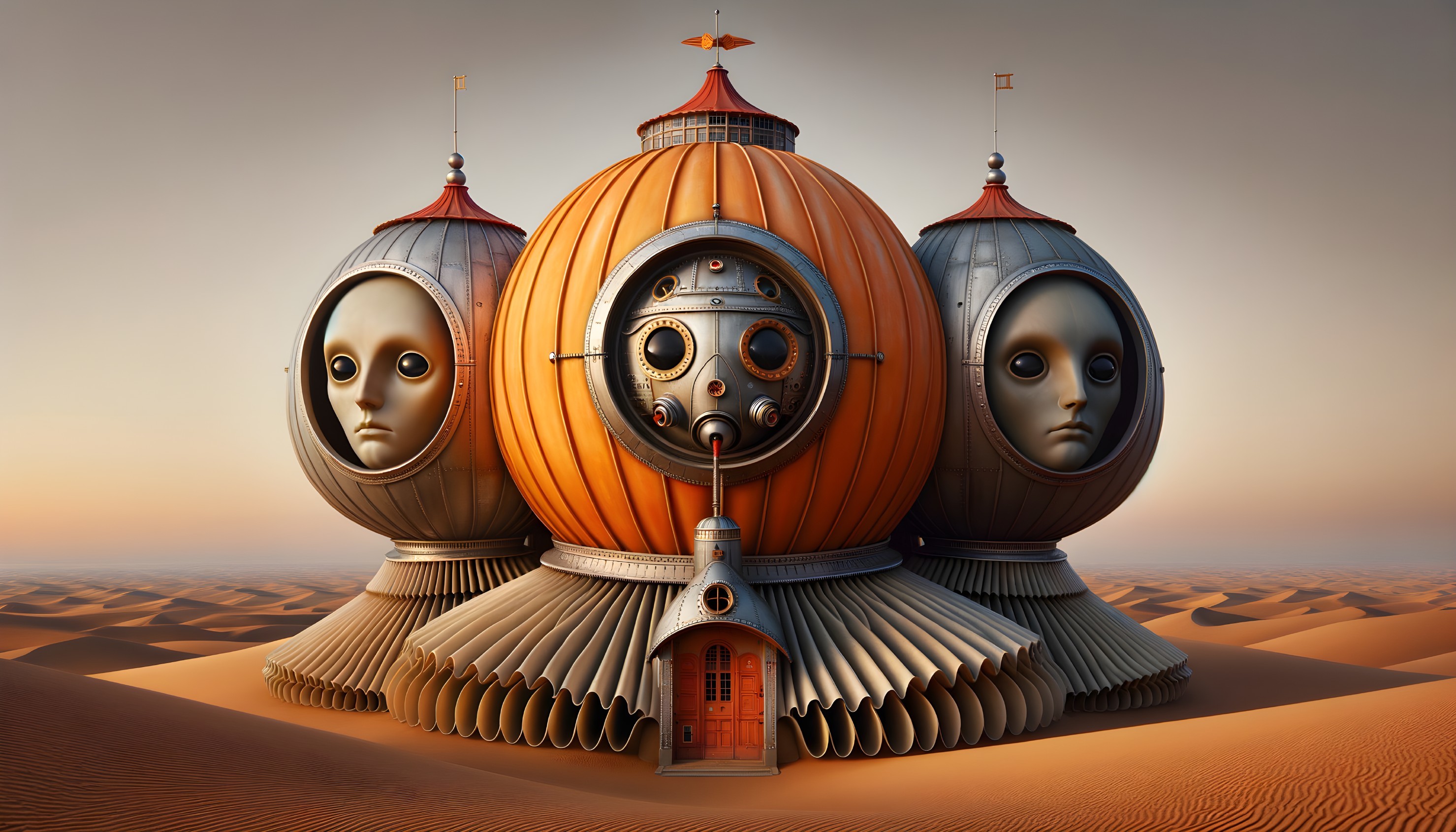 Surreal Structure with Metallic Domes in Desert Landscape