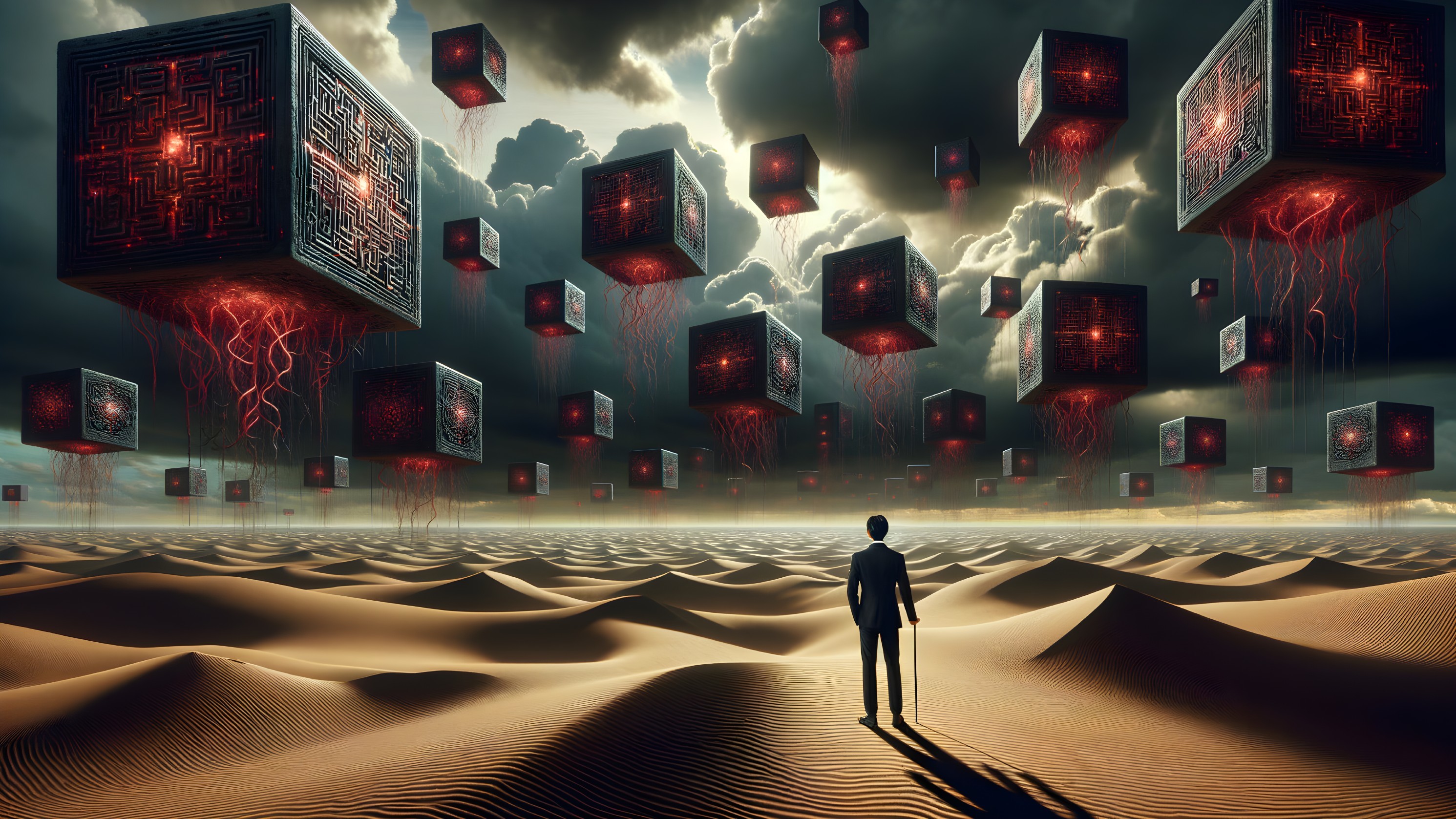 Lone Figure in Suit Amidst Surreal Desert Landscape