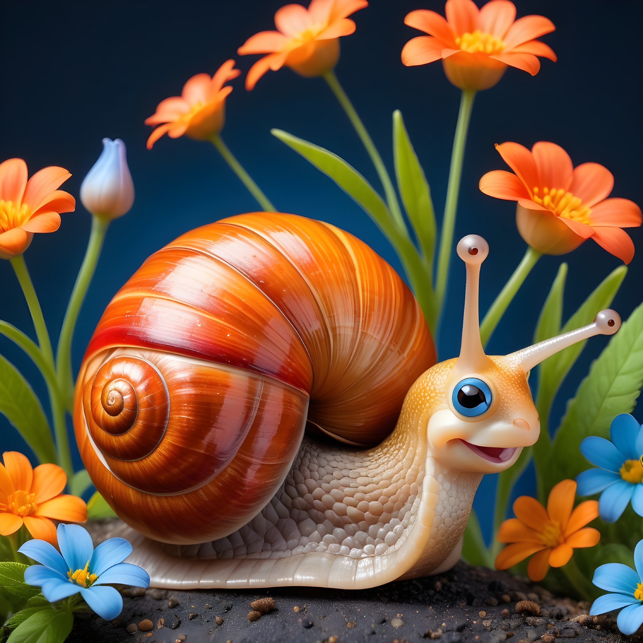 Cartoon Snail on Rocky Surface with Colorful Flowers