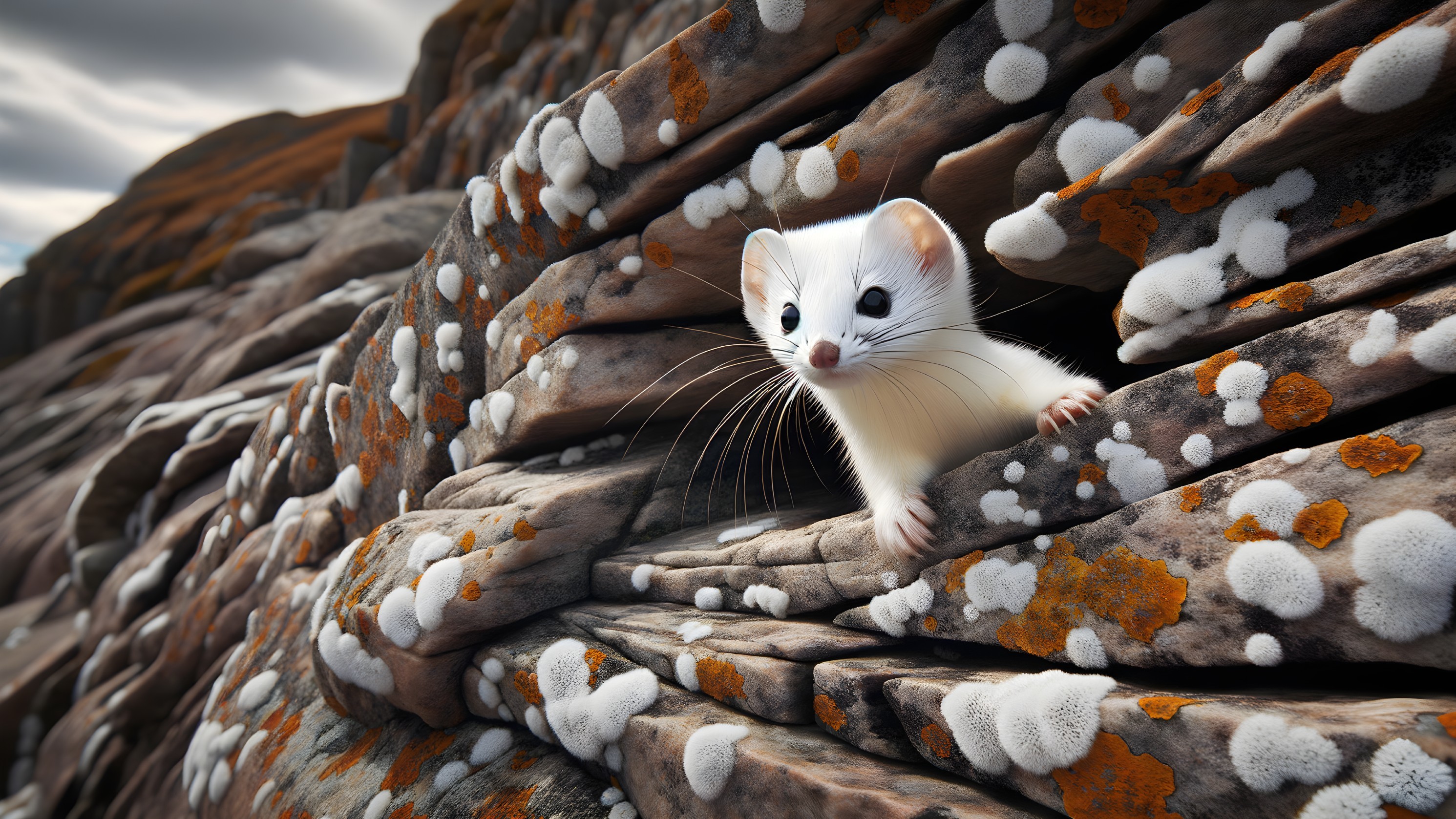 White Weasel in Rocky Habitat with Lichen and Fungi