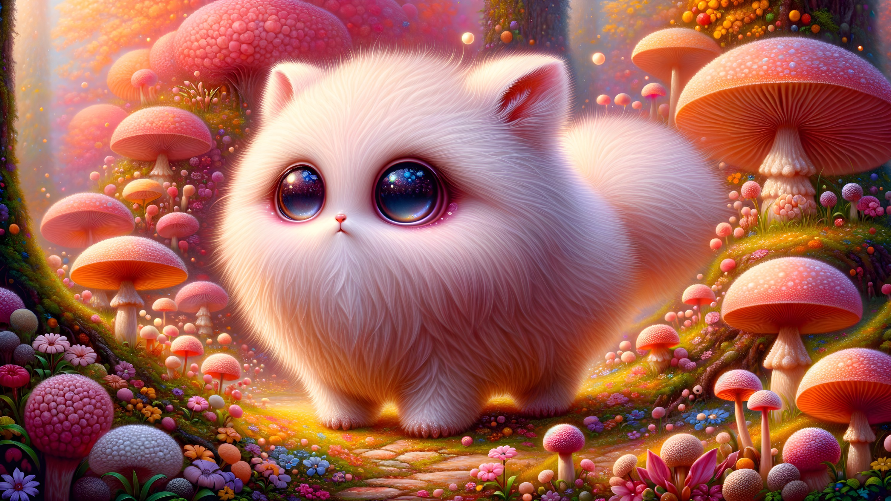 Fluffy White Kitten in a Colorful Mushroom Forest
