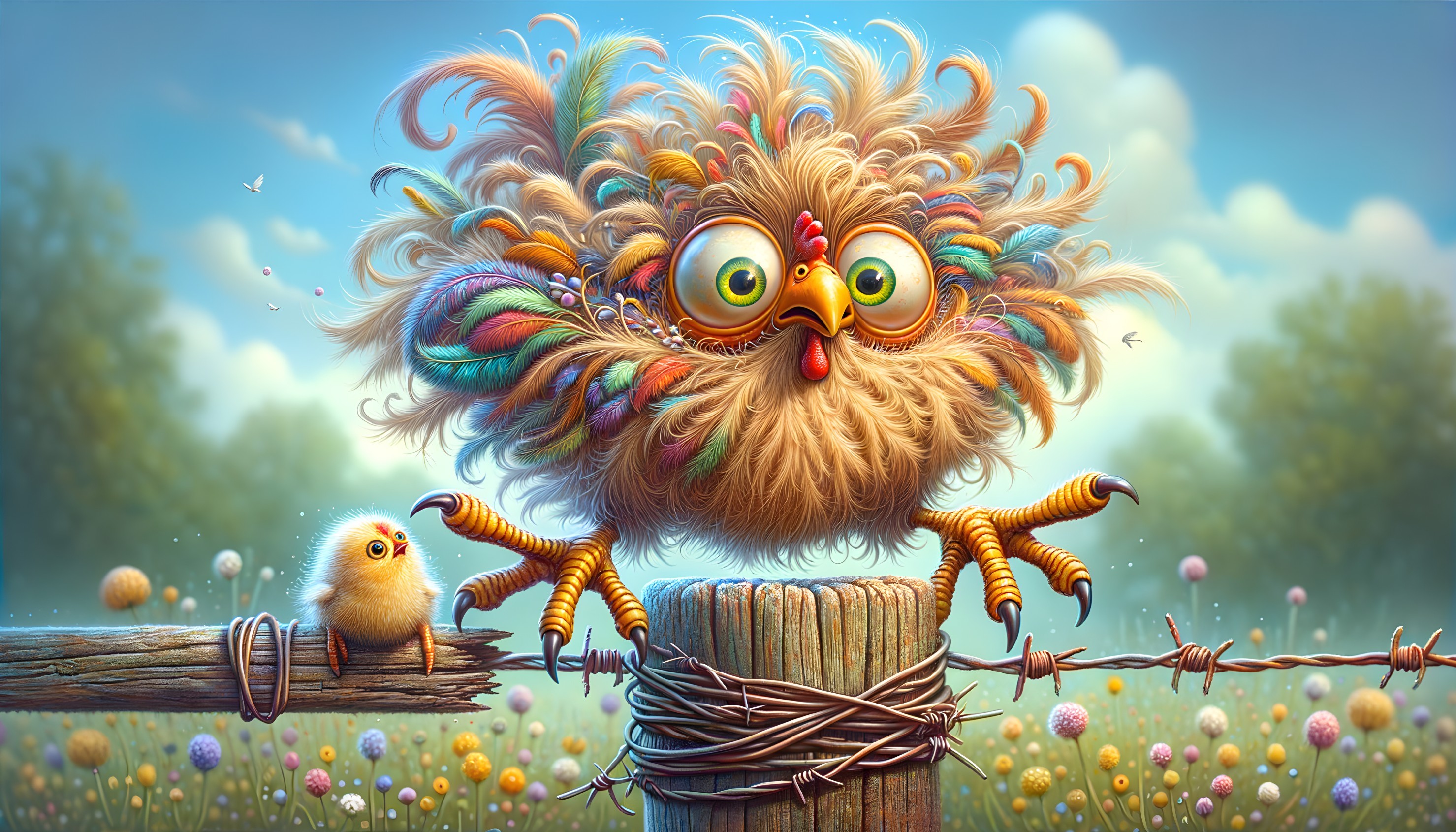 Whimsical Bird and Chick in a Colorful Meadow Scene