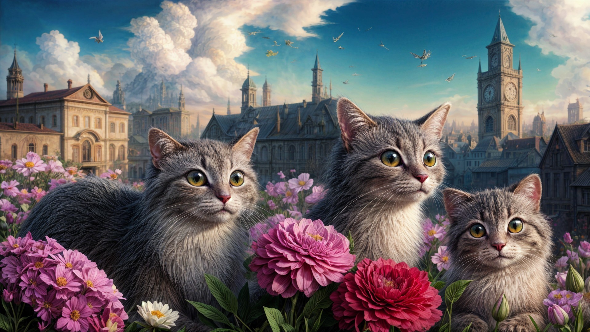 Whimsical Landscape with Fluffy Cats and Flowers