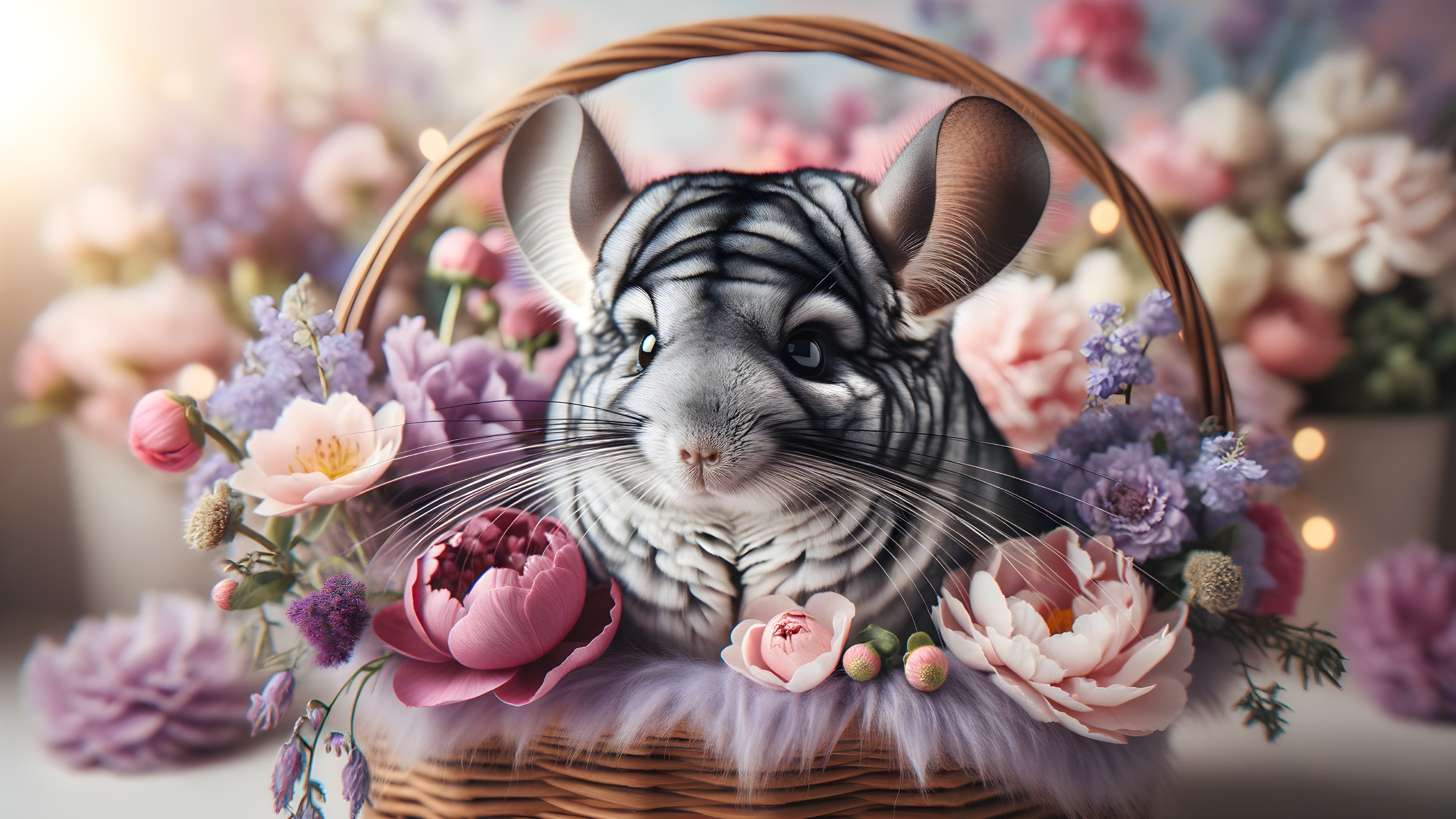 Chinchilla in a Basket Surrounded by Colorful Flowers