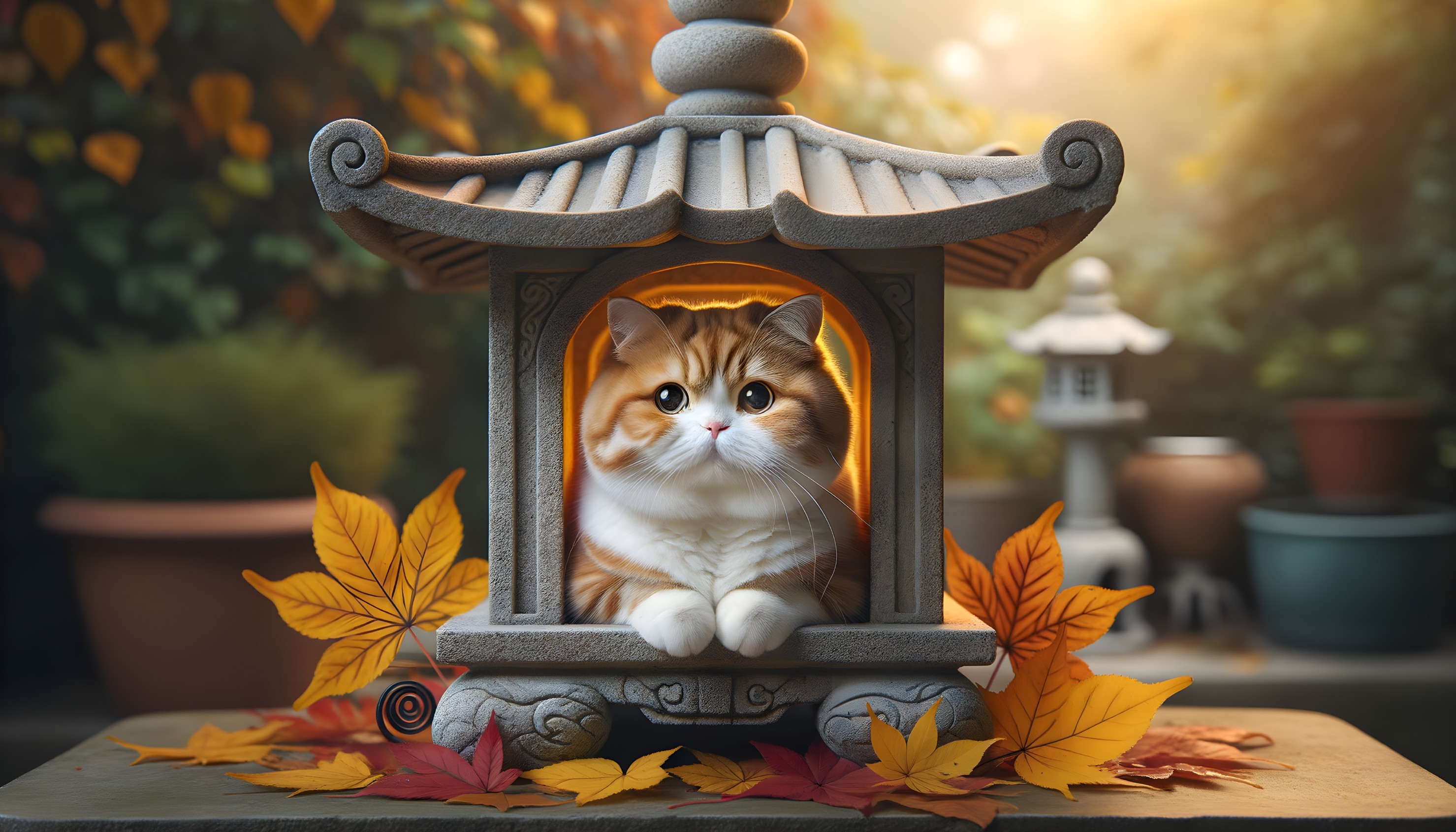 Fluffy Cat in Stone Lantern Surrounded by Autumn Leaves