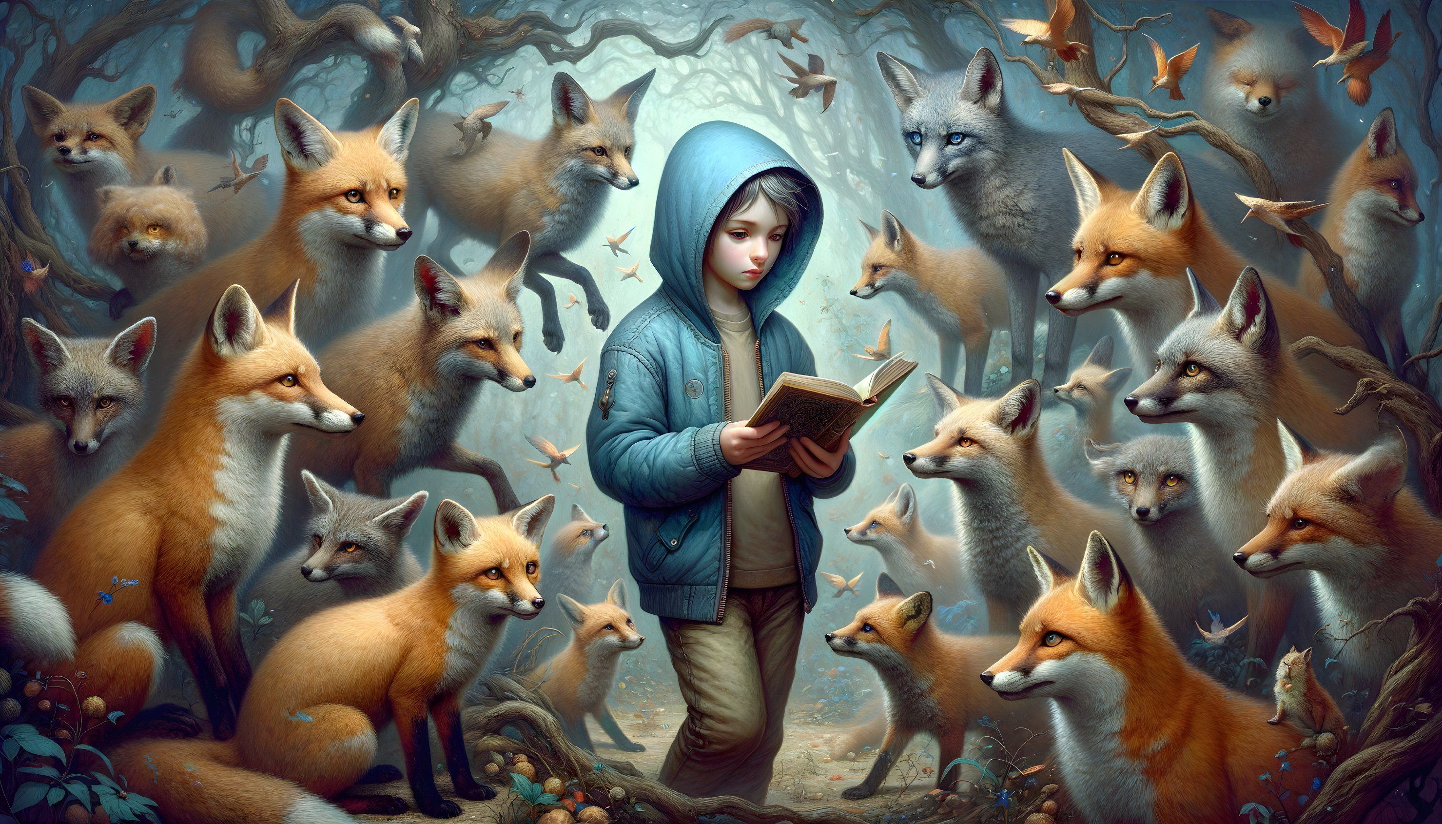 Child in Blue Hoodie Surrounded by Curious Foxes