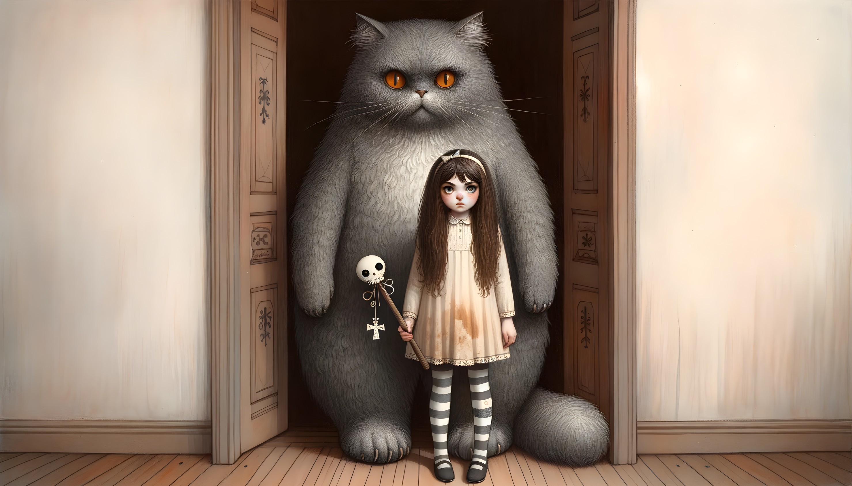 Whimsical Scene of Girl and Enigmatic Gray Cat
