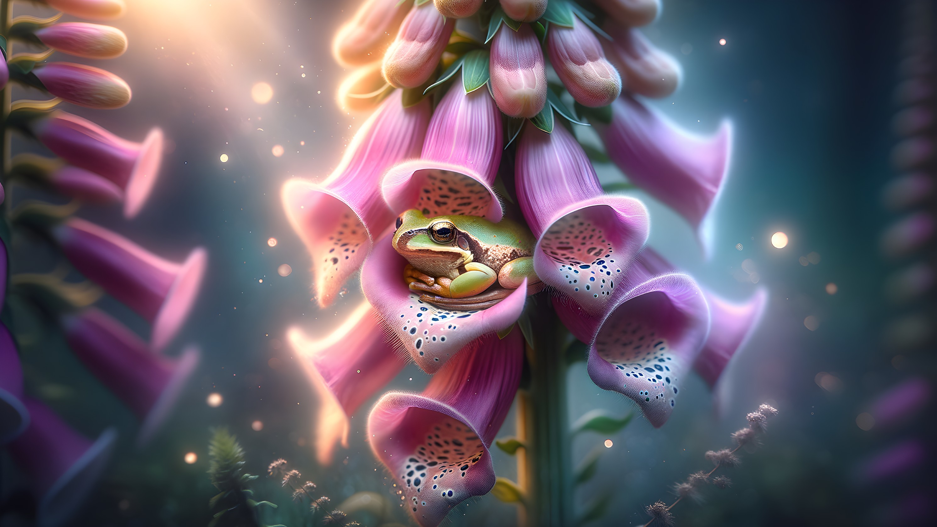 Frog in Pink Foxglove Flower Surrounded by Petals