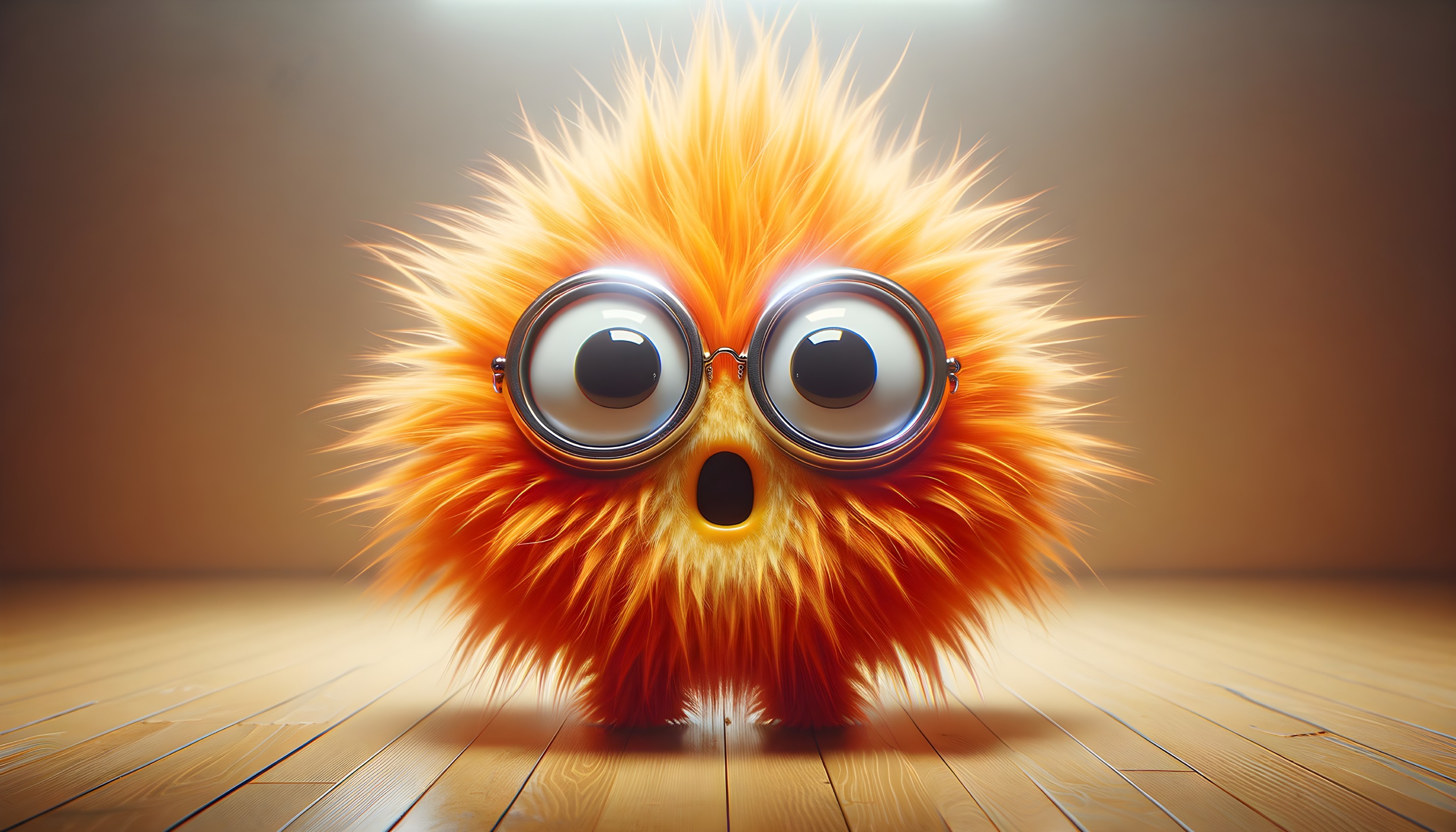 Fluffy Orange Creature with Glasses on Wooden Floor
