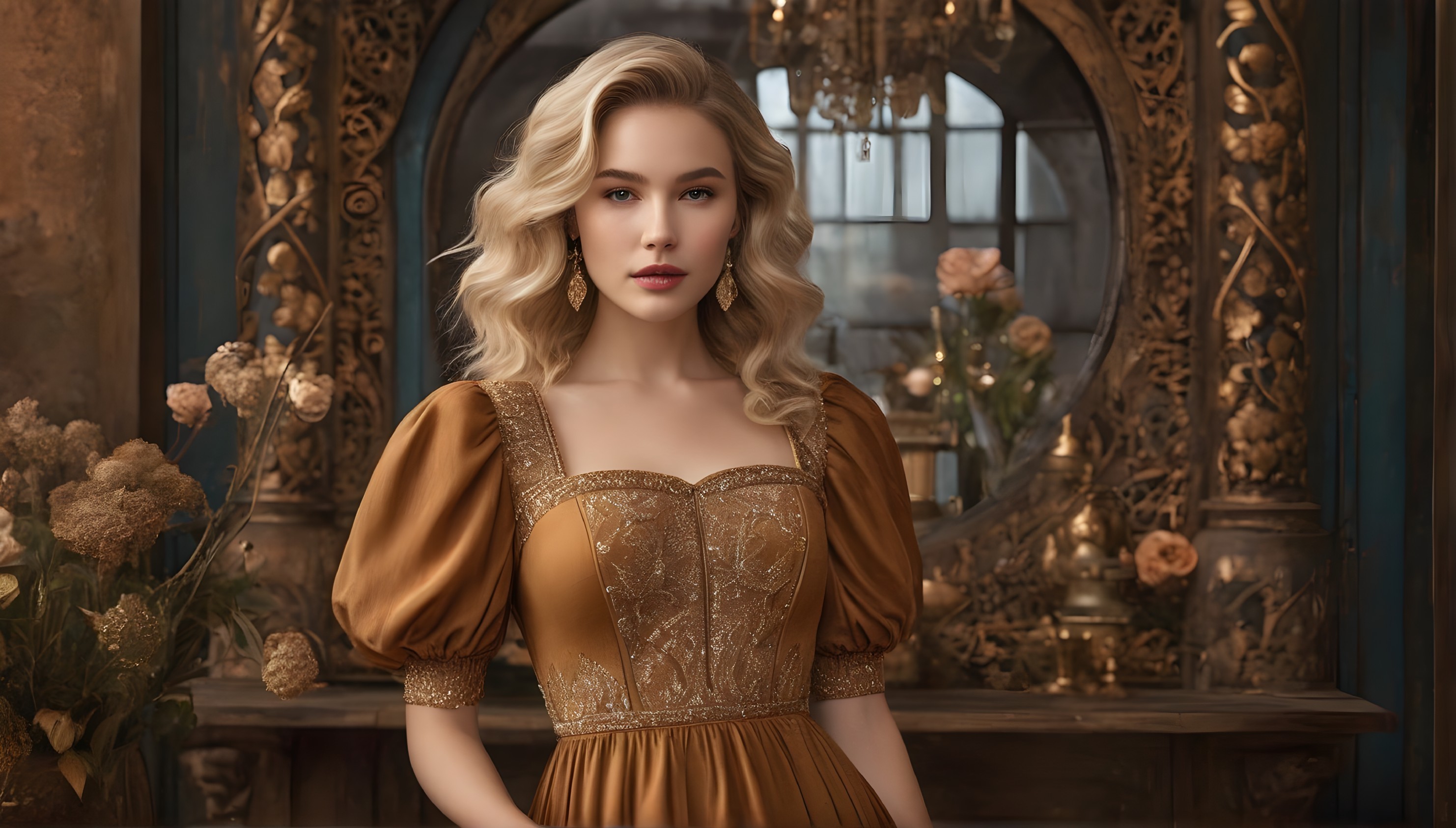 Woman in Golden-Brown Dress by Ornate Mirror