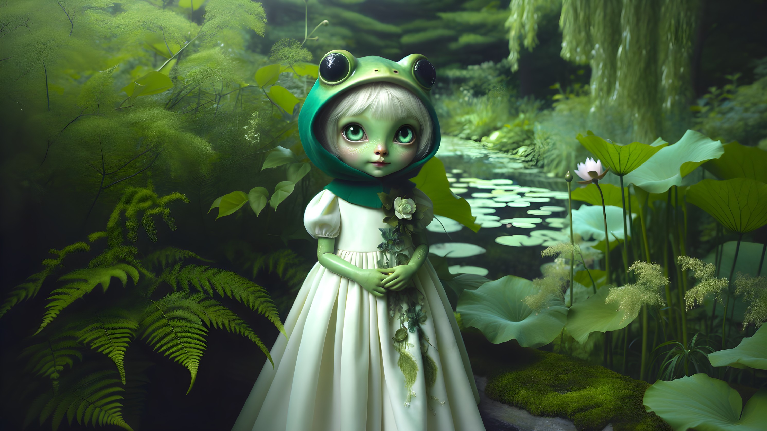 Whimsical figure by tranquil pond in lush greenery