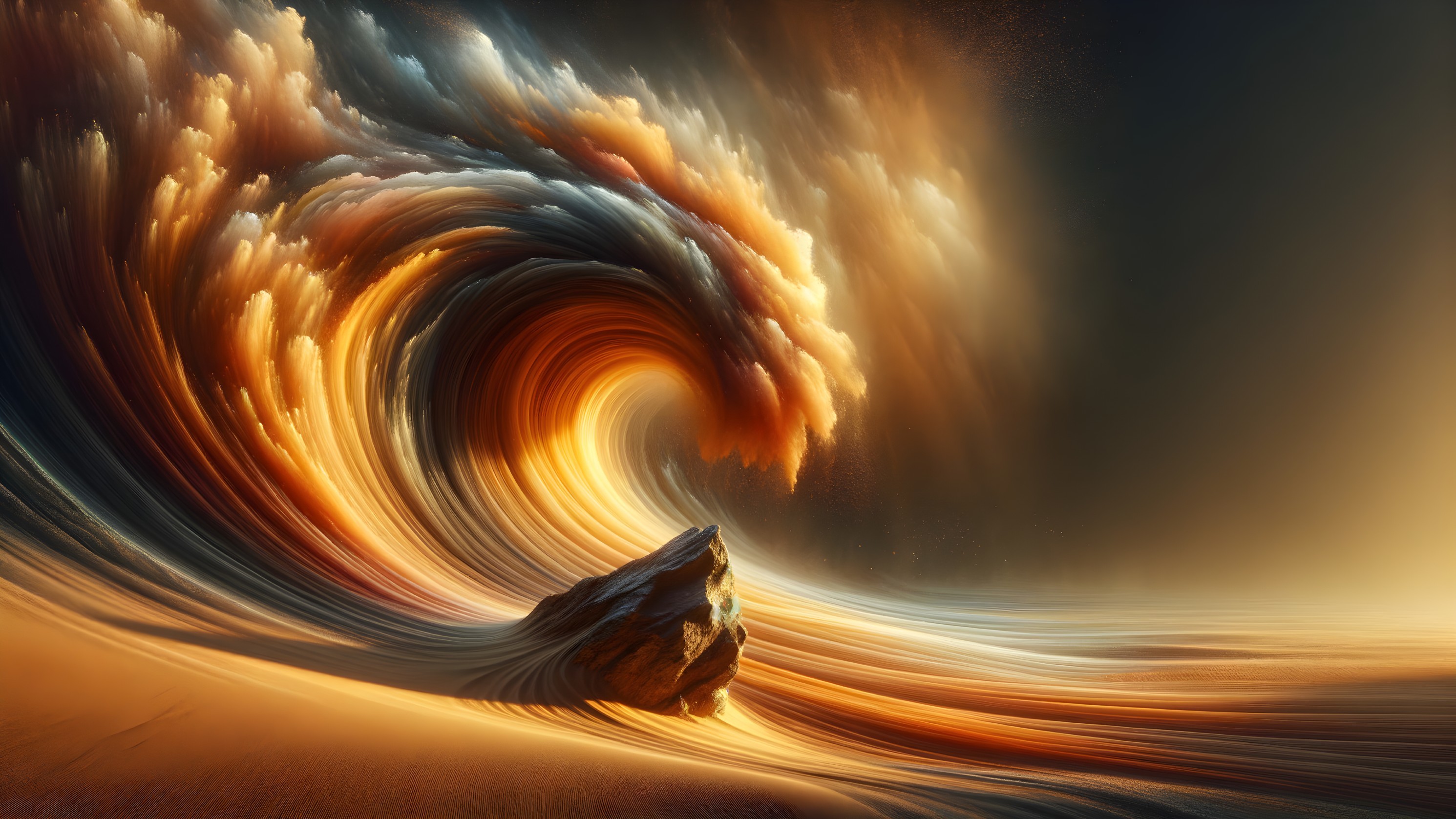 Vibrant Swirling Wave with Rock in Serene Backdrop