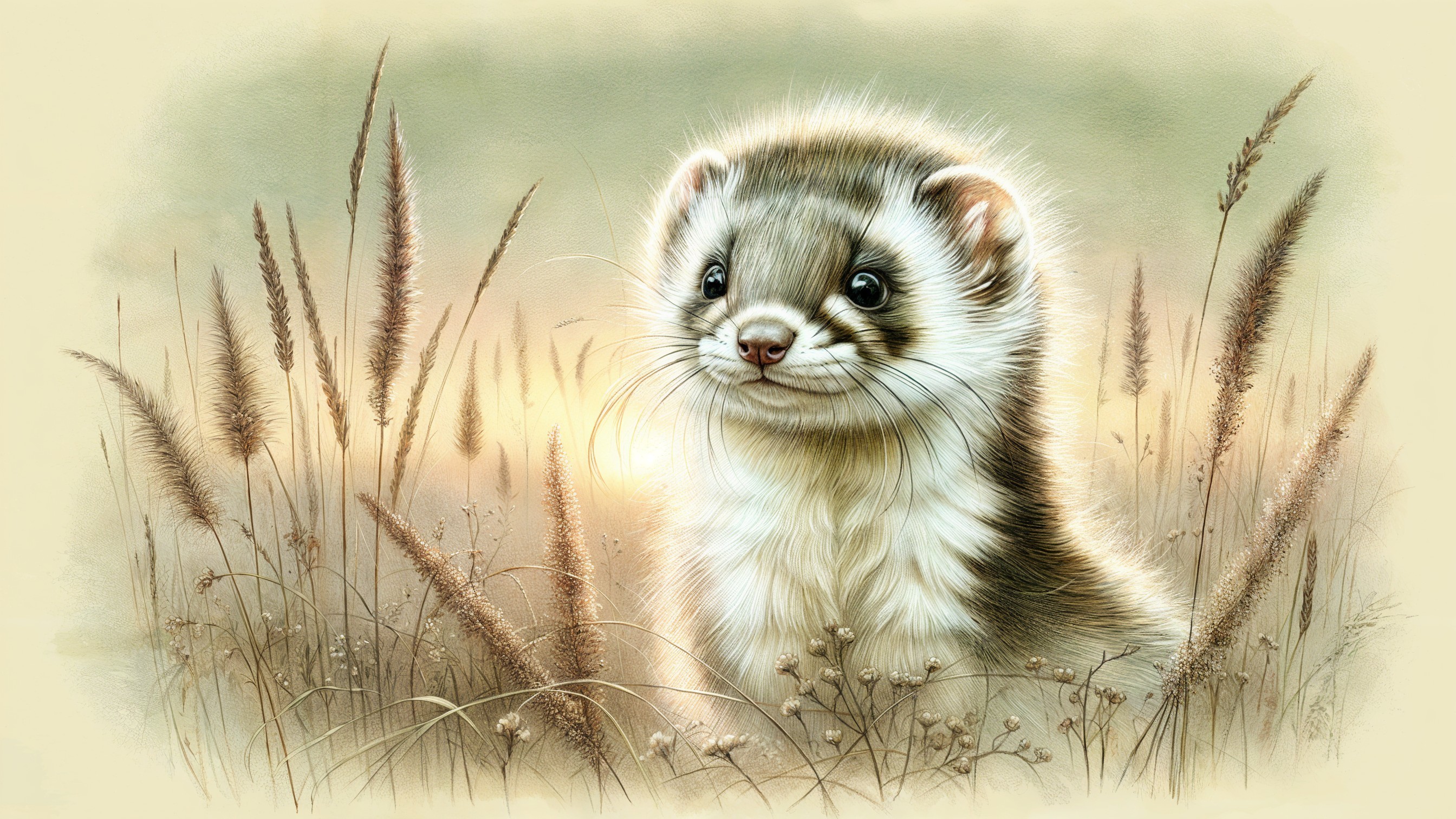 Illustration of a young ferret in tall grasses