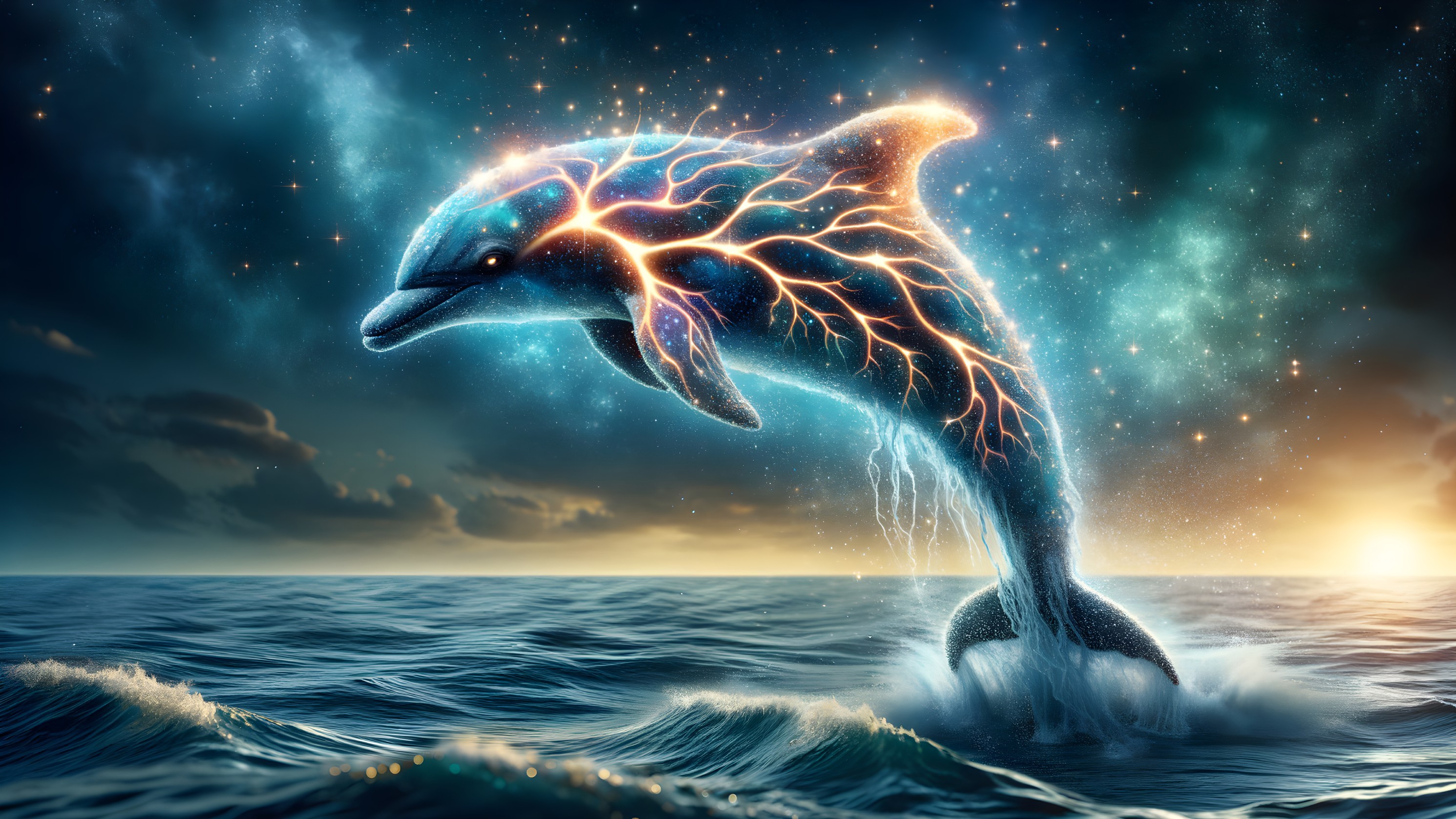 Celestial Dolphin Leaping in Starry Ocean Scene
