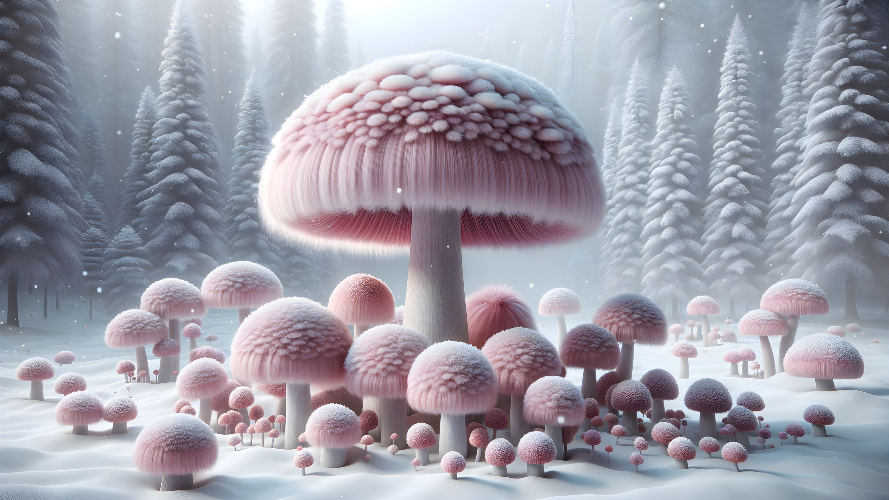 Whimsical Winter Landscape with Oversized Pink Mushrooms