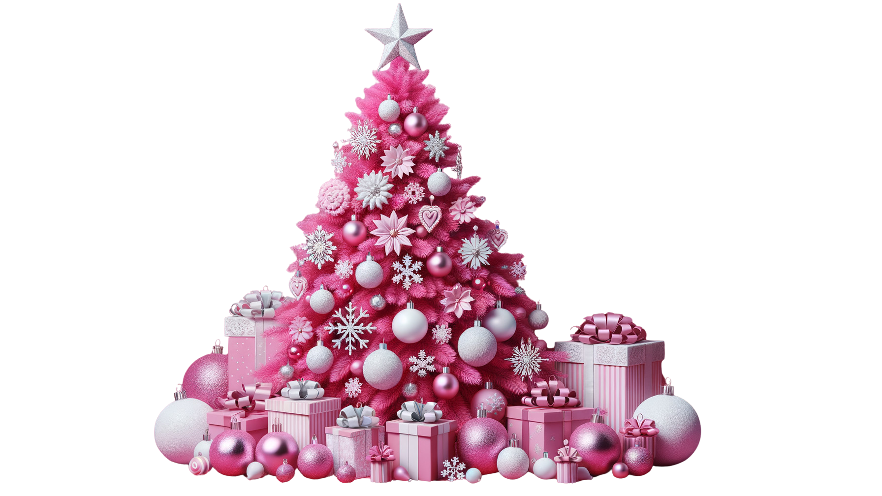 Pink Christmas Tree Decorated with Gifts and Ornaments