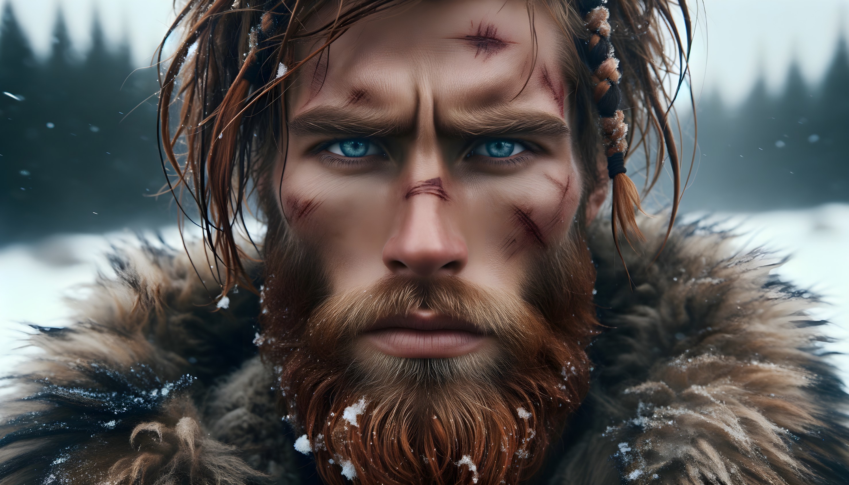 Rugged Man with Blue Eyes in Snowy Landscape