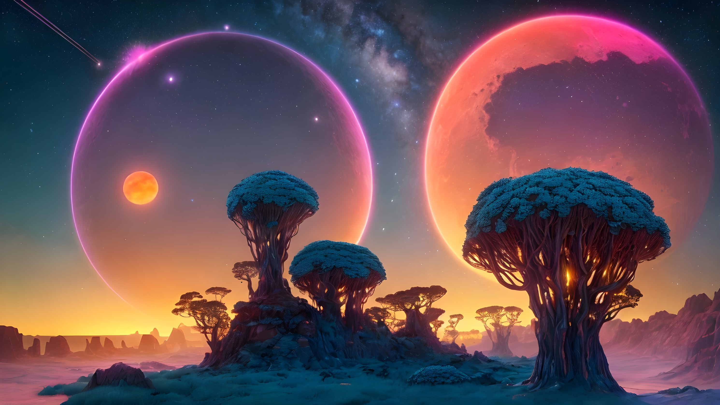 Surreal Landscape with Colorful Planets and Unique Trees