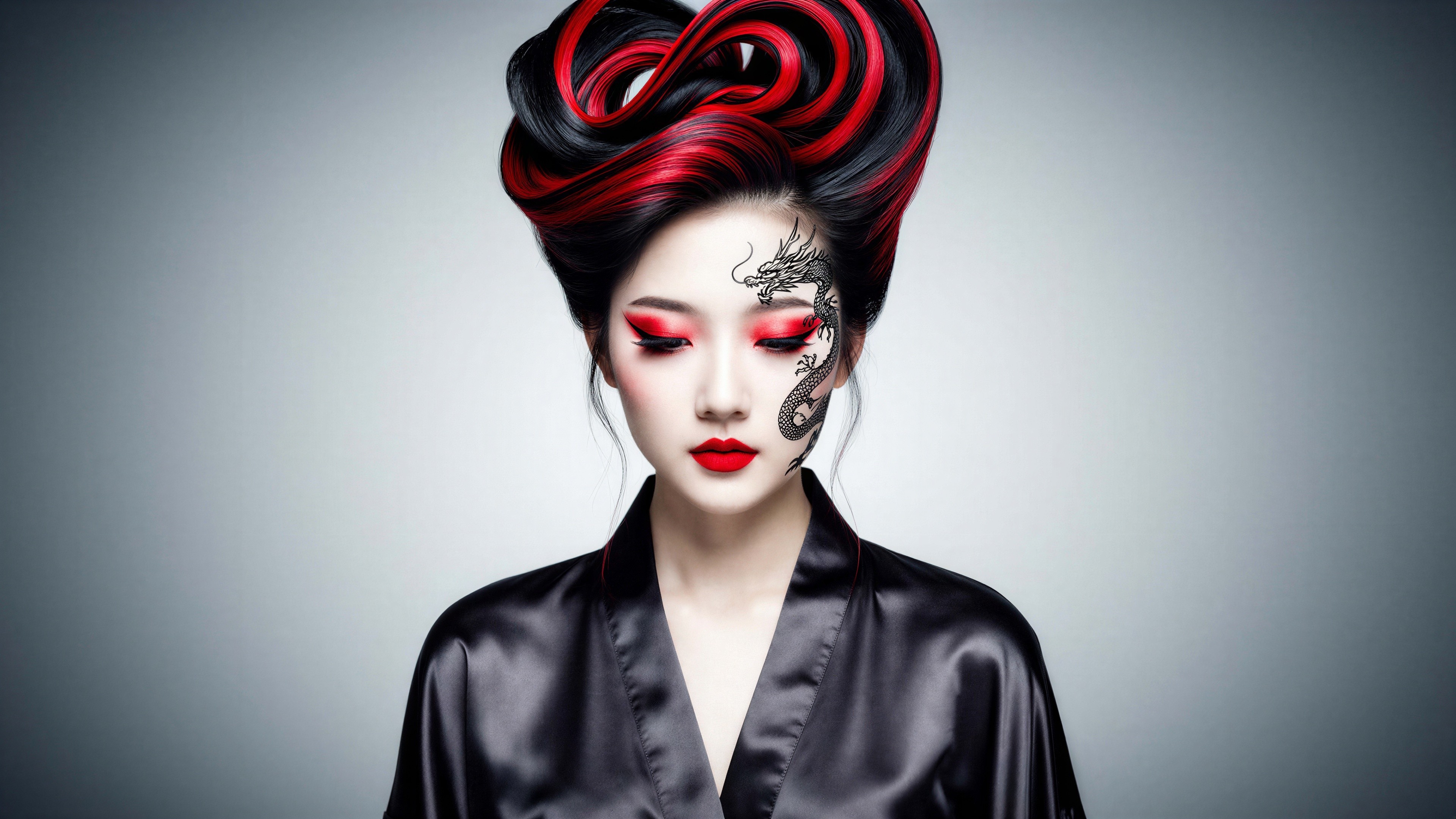 Young Chinese woman with bold makeup and dragon tattoo